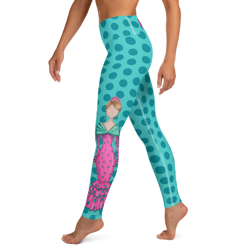 Flamenco Dancer Leggings, turquoise with green polka dots high waisted yoga leggings with a pink dress and green shawl - IllustrArte