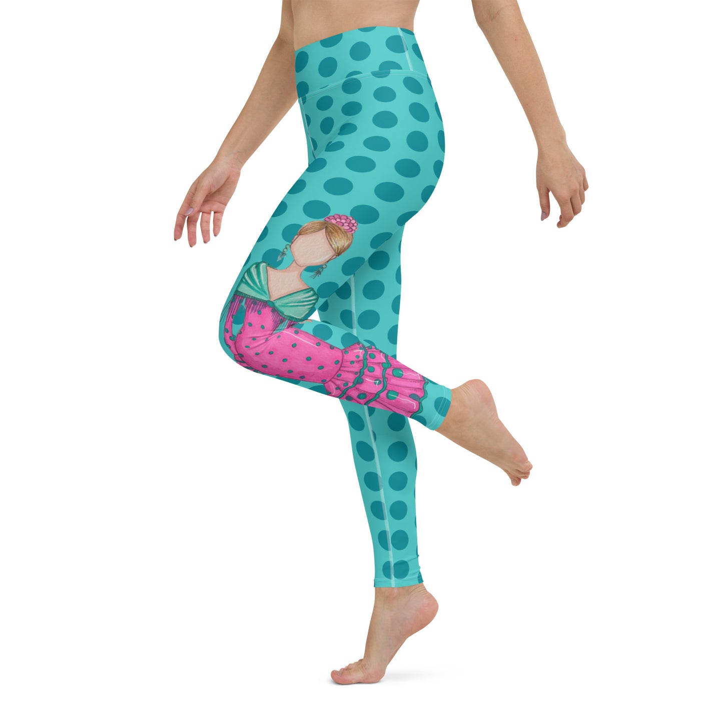 Flamenco Dancer Leggings, turquoise with green polka dots high waisted yoga leggings with a pink dress and green shawl - IllustrArte