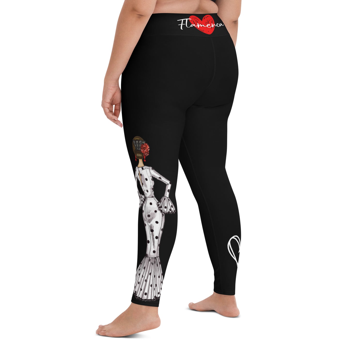 Flamenco Dancer Leggings, black high waisted yoga leggings with a flamenco dancer in a white dress. - IllustrArte