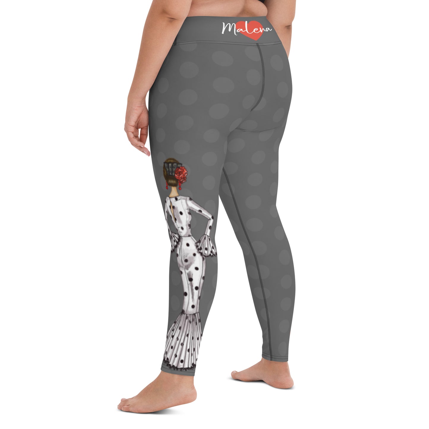 Flamenco Dancer Leggings, gray high waisted yoga leggings with a white dress and black polka dots design. - IllustrArte