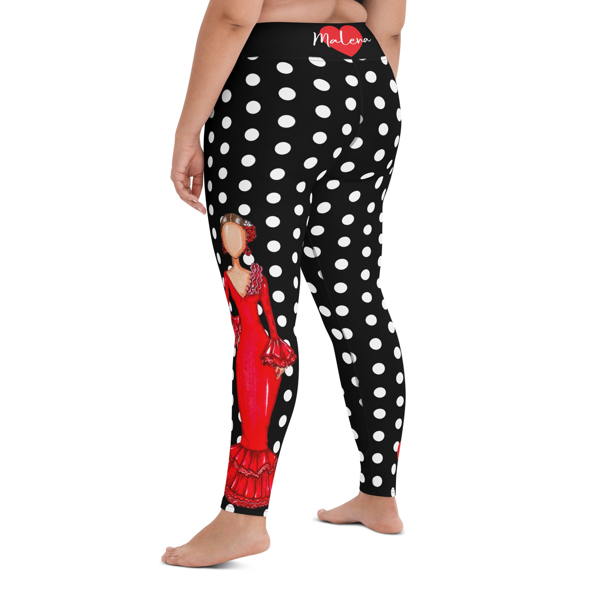 Flamenco Dancer Leggings, black with white polka dots high waisted yoga leggings with a red dress design - IllustrArte