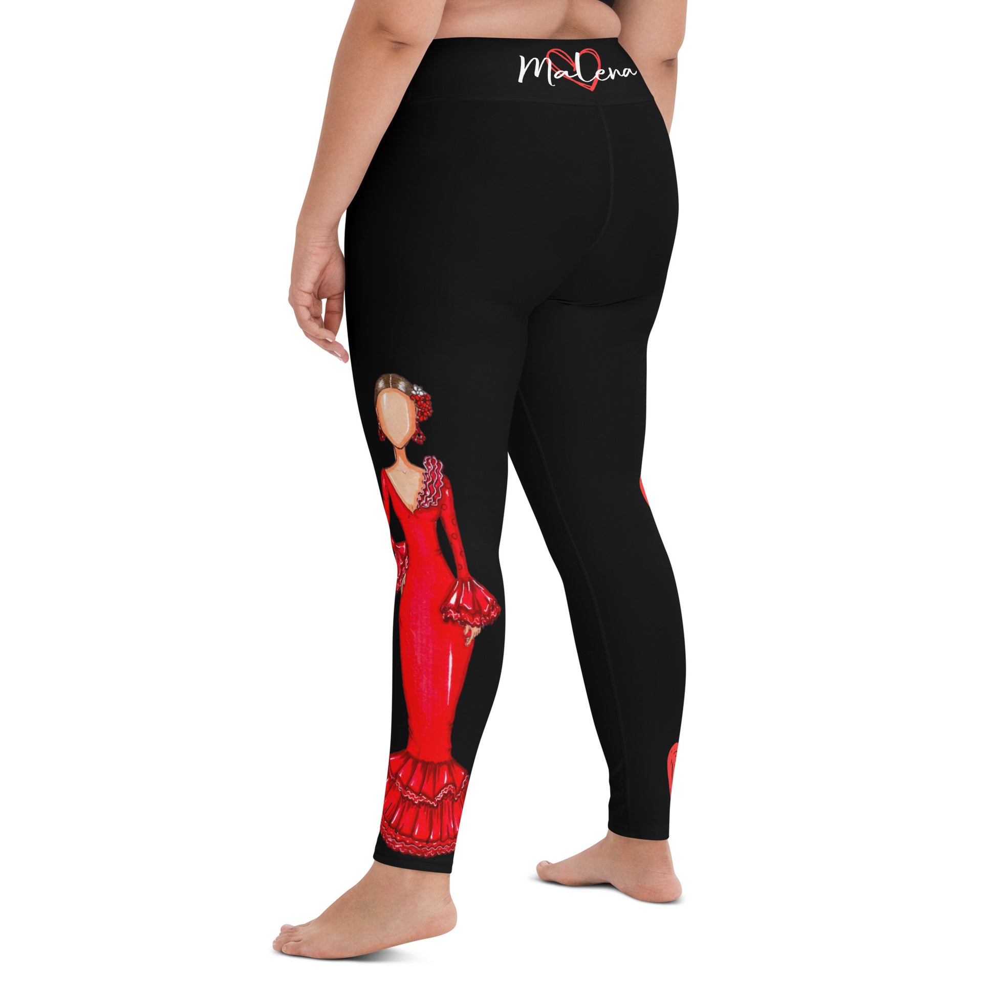 Flamenco Dancer Leggings, black high waisted yoga leggings with a red dress design - IllustrArte