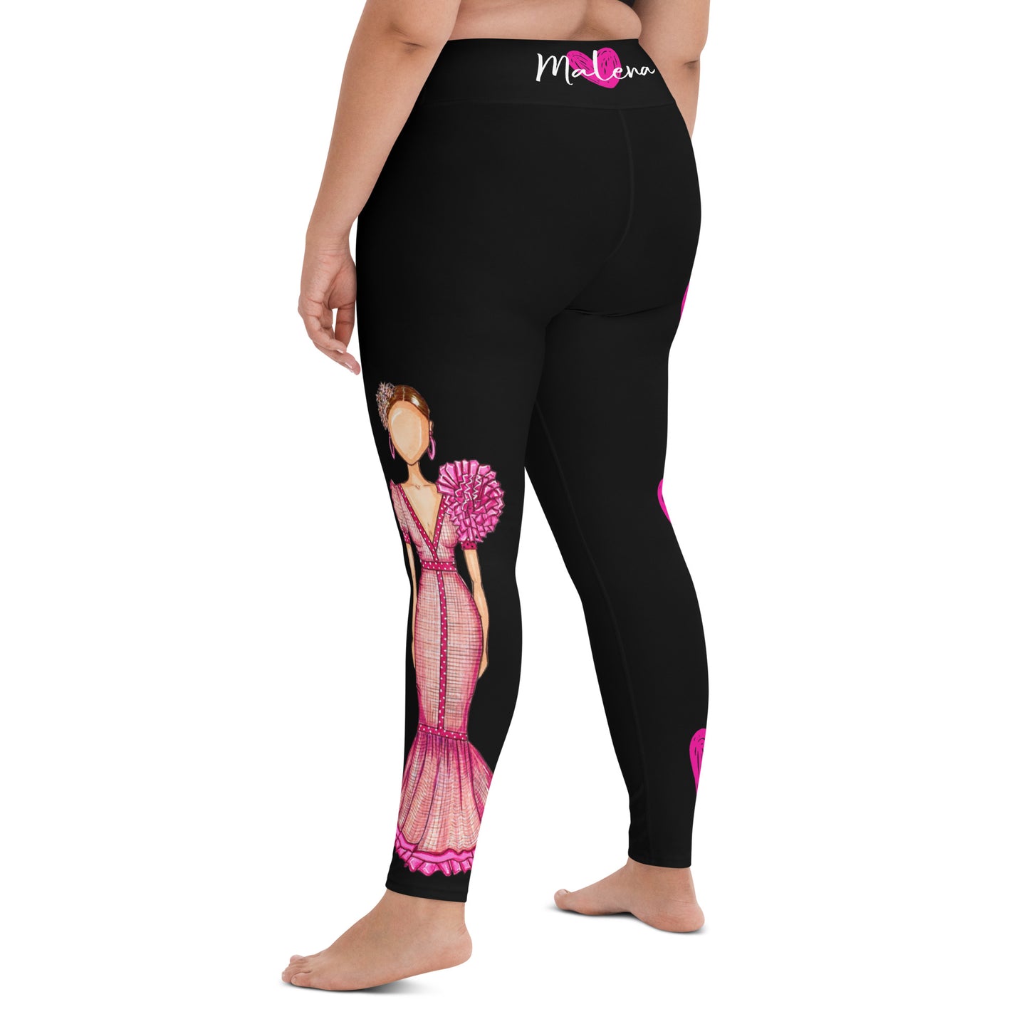 Flamenco Dancer Leggings, black high waisted yoga leggings with a pink dress and pink hearts design - IllustrArte