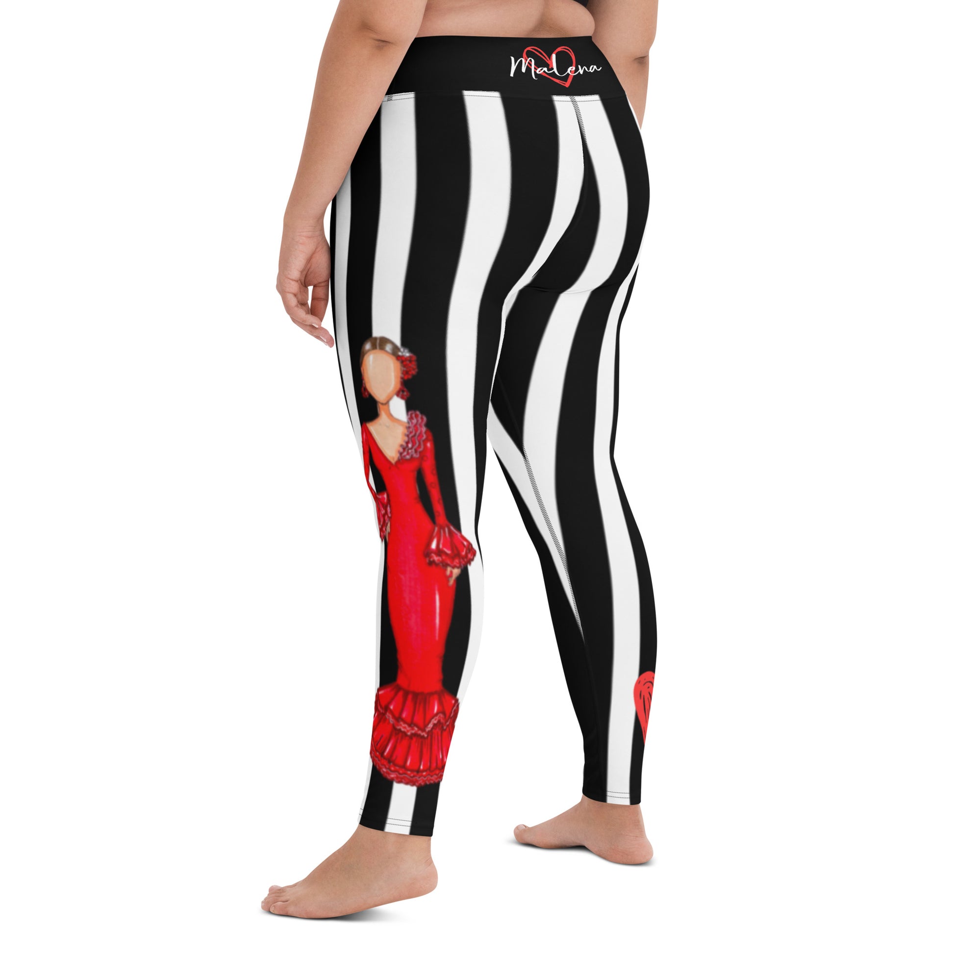 Flamenco Dancer Leggings, black and white striped high waisted yoga leggings with a red dress design - IllustrArte