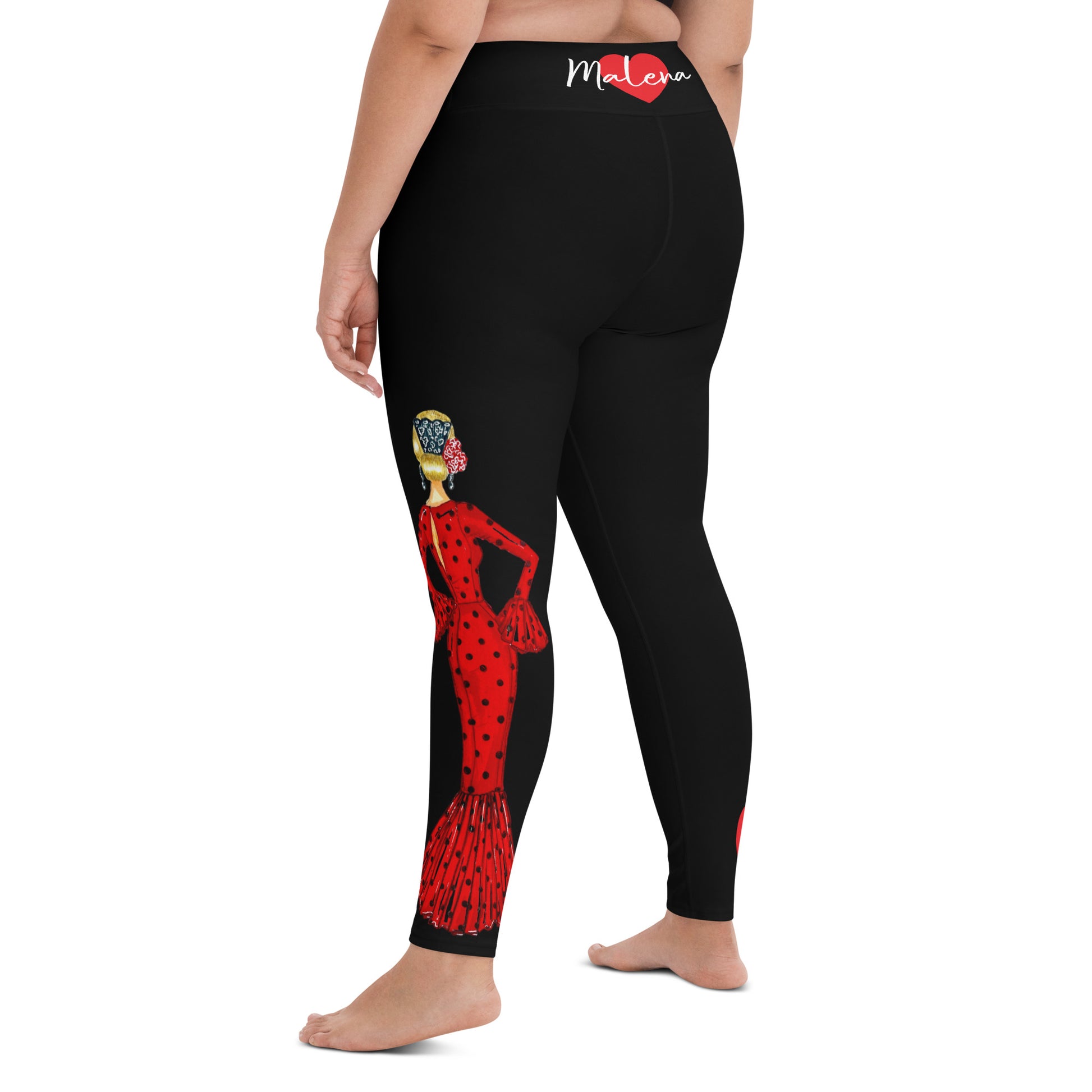 Flamenco Dancer Leggings, black high waisted yoga leggings with a red dress and red heart design - IllustrArte