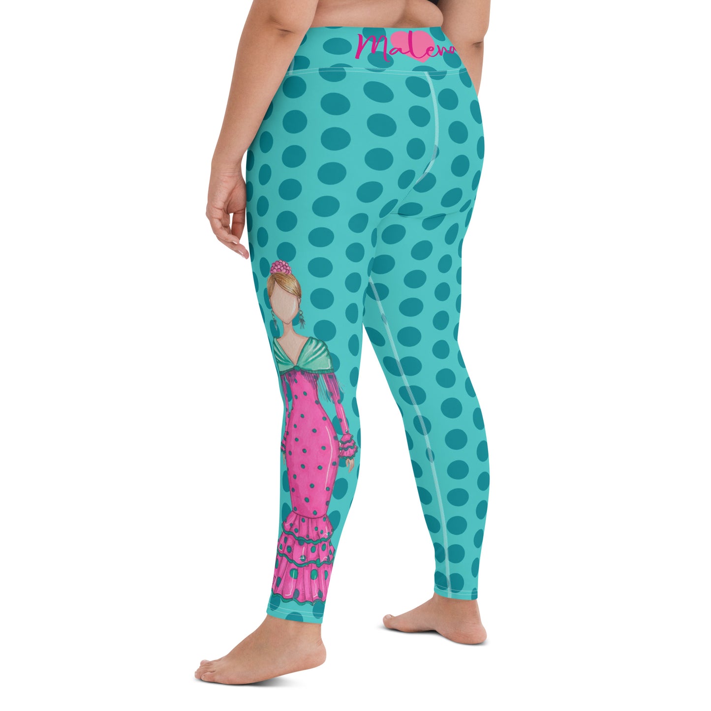 Flamenco Dancer Leggings, turquoise with green polka dots high waisted yoga leggings with a pink dress and green shawl - IllustrArte