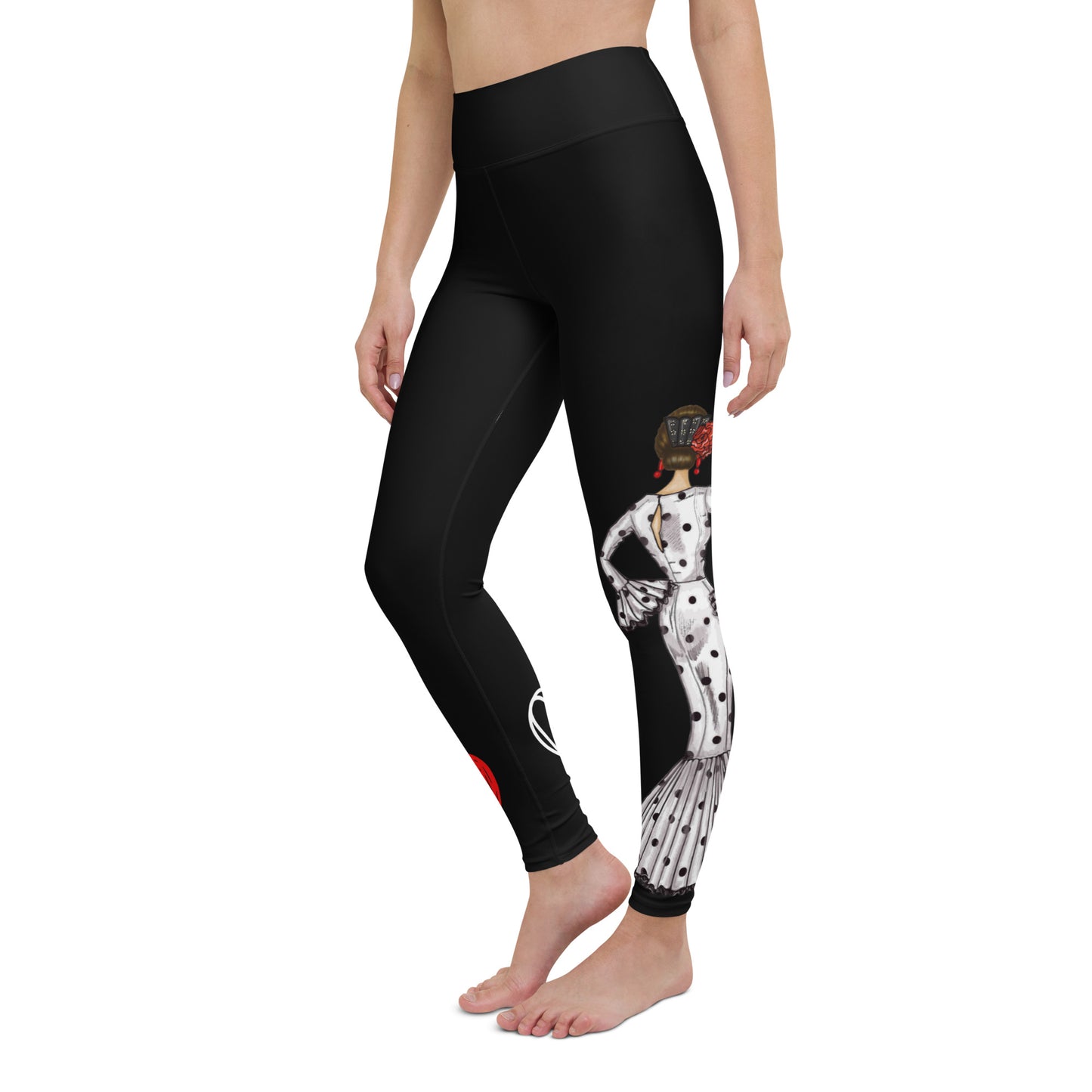 Flamenco Dancer Leggings, black high waisted yoga leggings with a flamenco dancer in a white dress. - IllustrArte