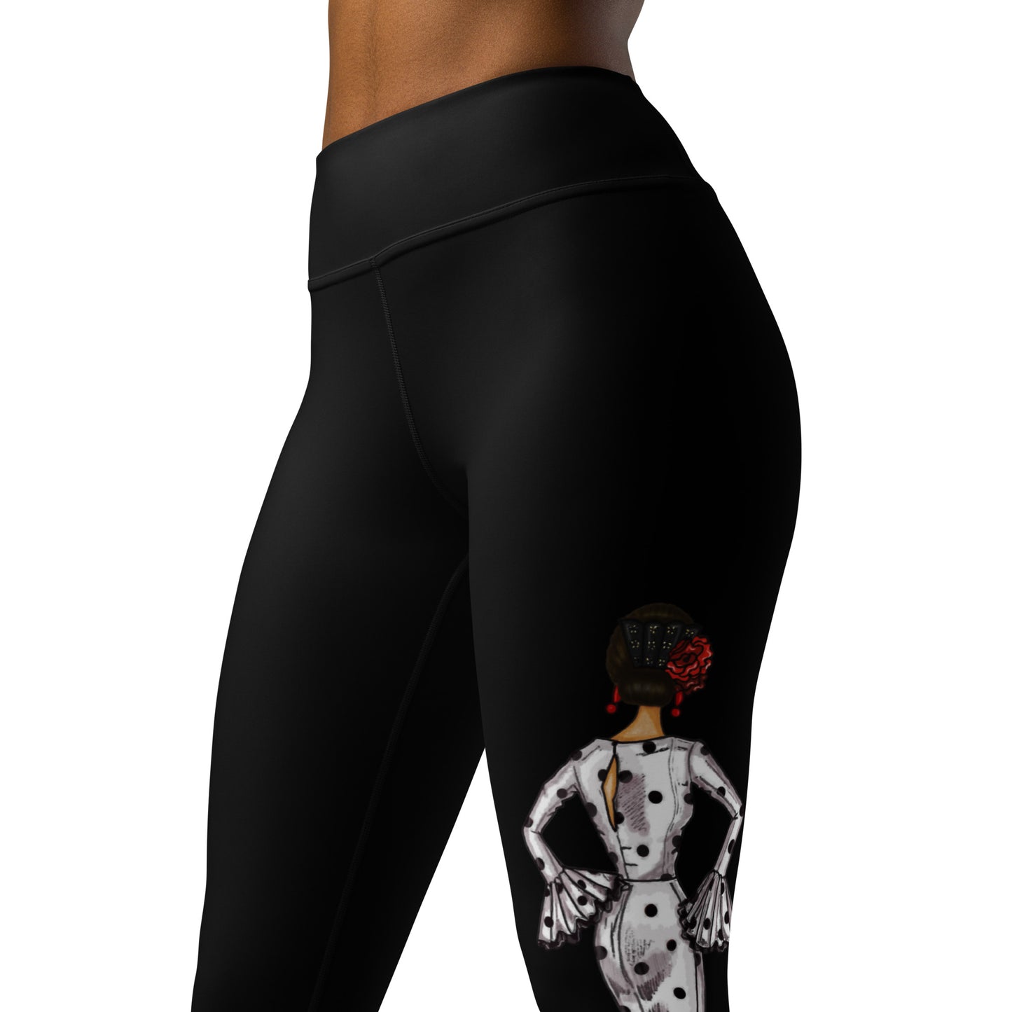 Flamenco Dancer Leggings, black high waisted yoga leggings with a flamenco dancer in a white dress. - IllustrArte