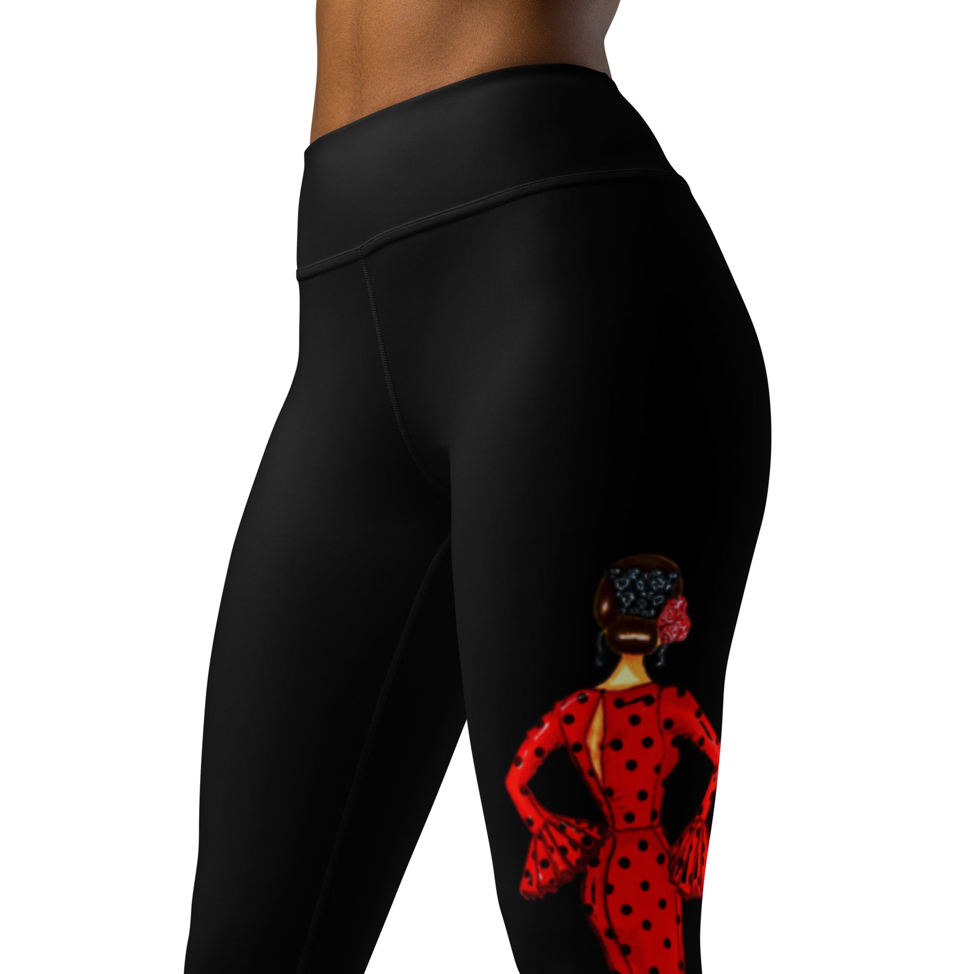 Flamenco Dancer Leggings, black high waisted yoga leggings with brunette dancer in a red dress and red heart design - IllustrArte