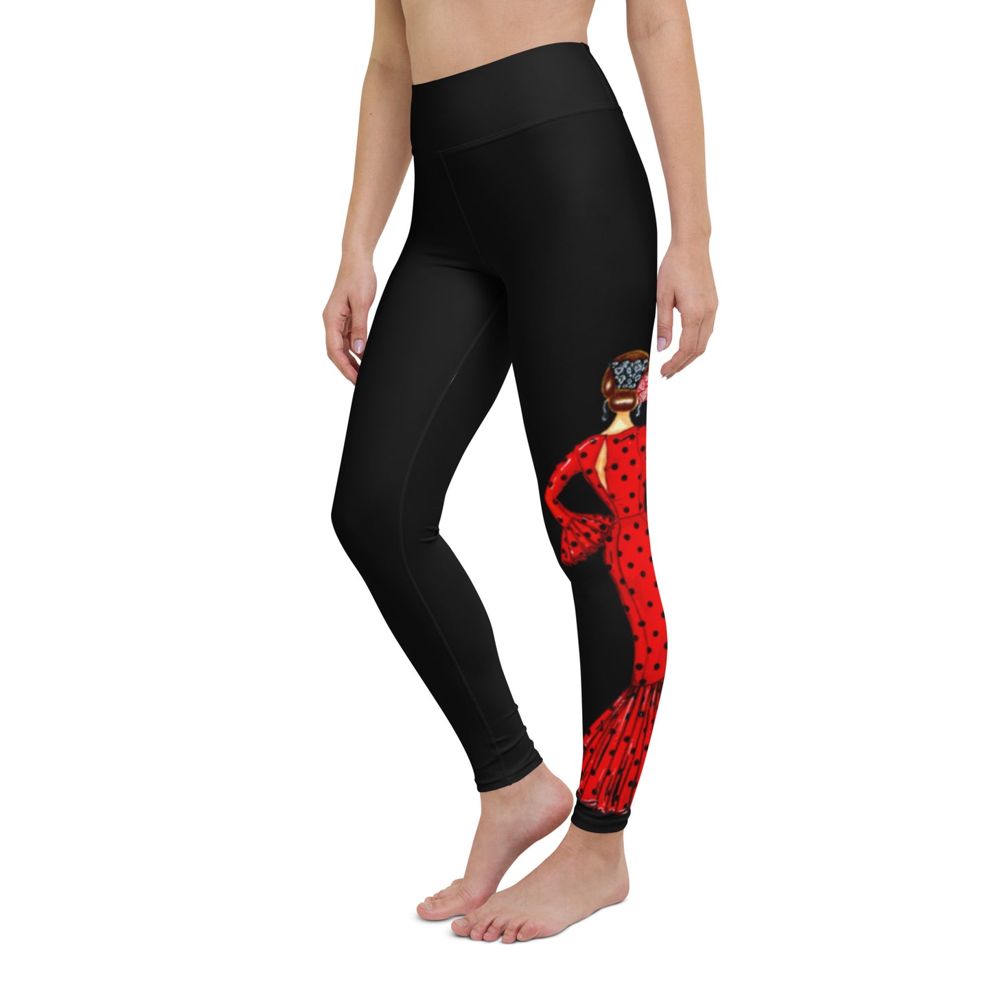 Flamenco Dancer Leggings, black high waisted yoga leggings with brunette dancer in a red dress and red heart design - IllustrArte