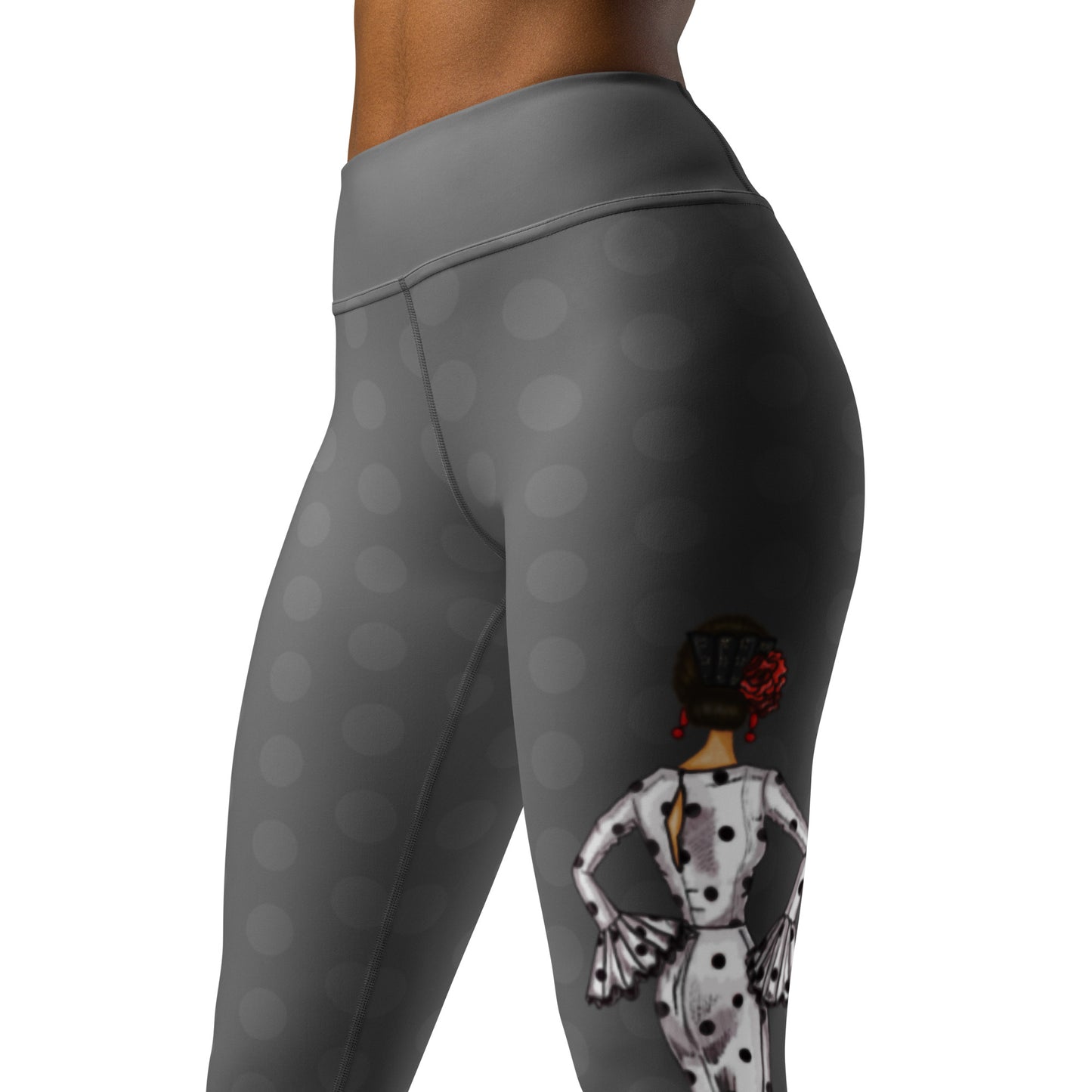 Flamenco Dancer Leggings, gray high waisted yoga leggings with a white dress and black polka dots design. - IllustrArte