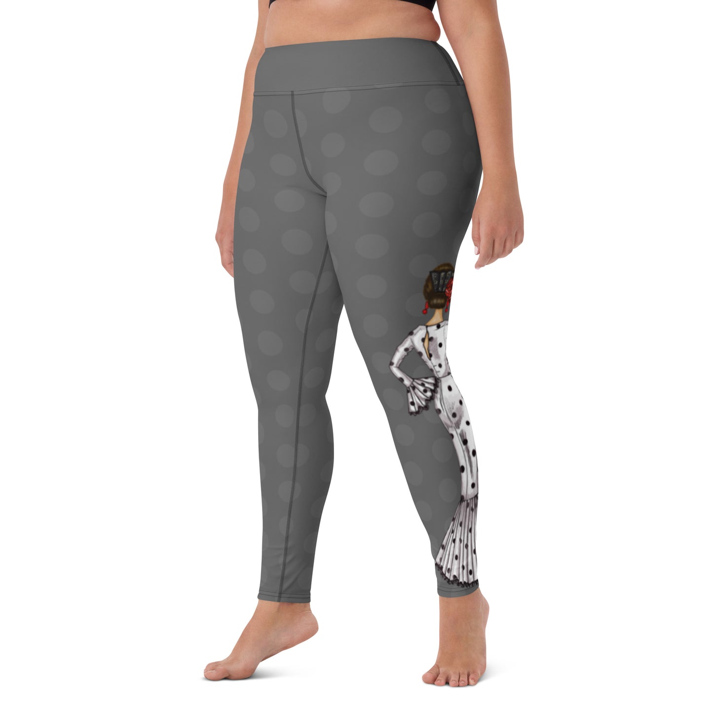 Flamenco Dancer Leggings, gray high waisted yoga leggings with a white dress and black polka dots design. - IllustrArte