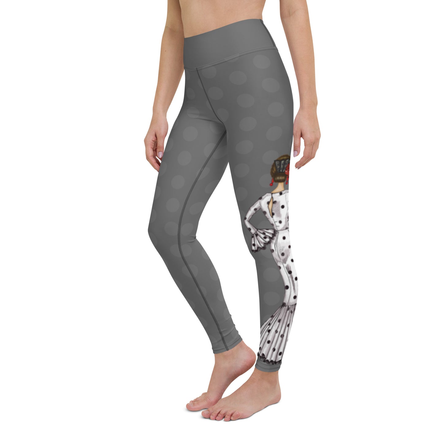 Flamenco Dancer Leggings, gray high waisted yoga leggings with a white dress and black polka dots design. - IllustrArte