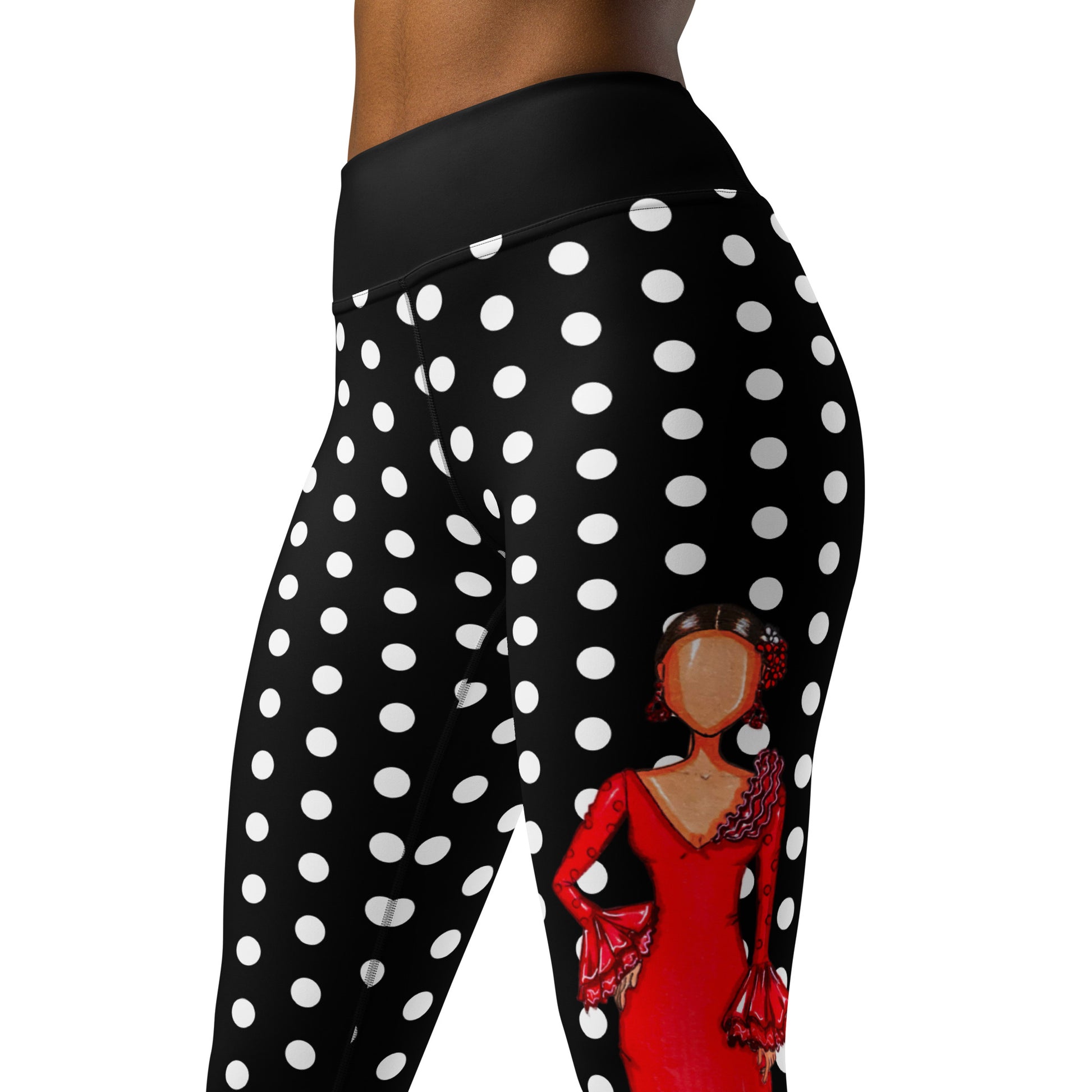 Flamenco Dancer Leggings, black with white polka dots high waisted yoga leggings with a red dress design - IllustrArte