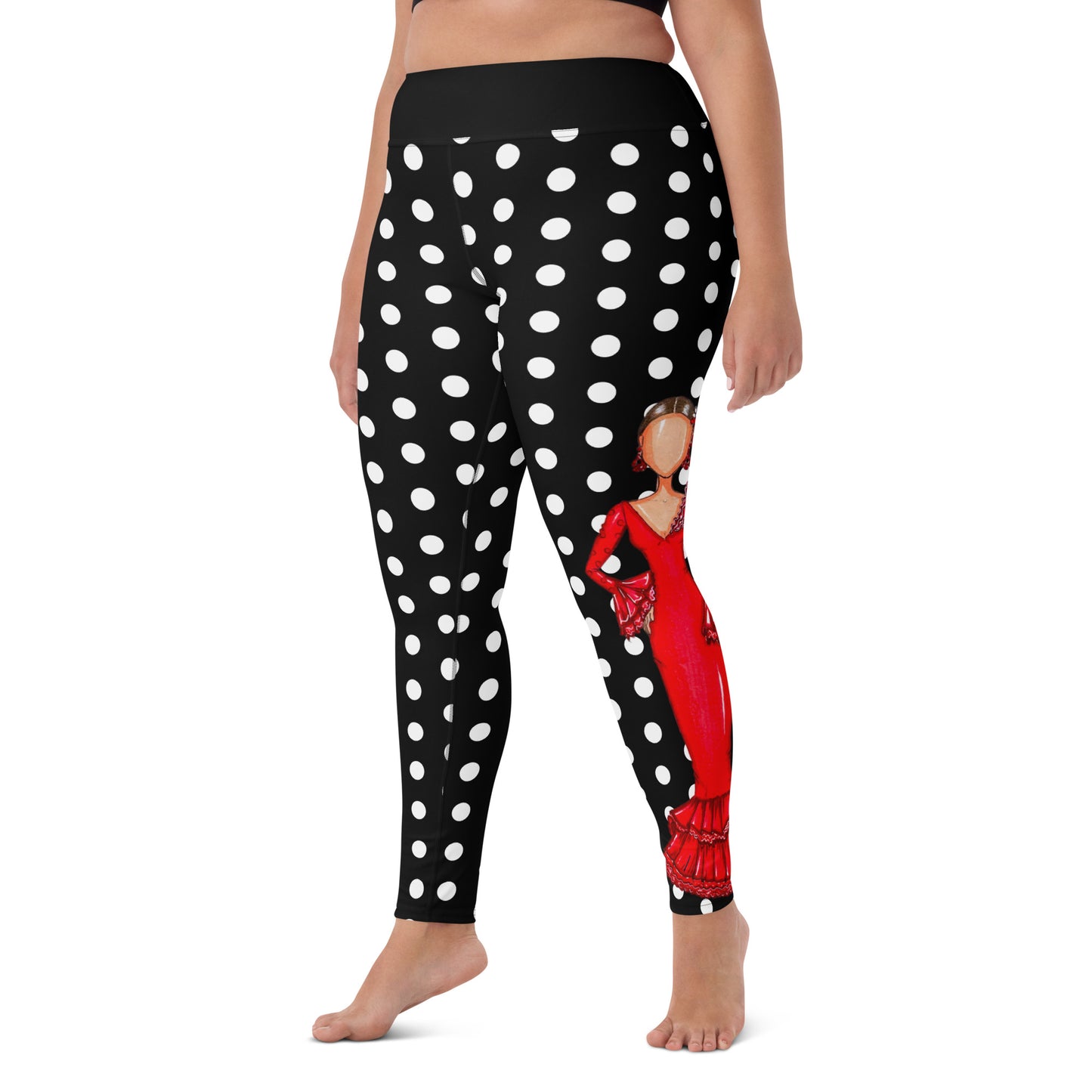 Flamenco Dancer Leggings, black with white polka dots high waisted yoga leggings with a red dress design - IllustrArte