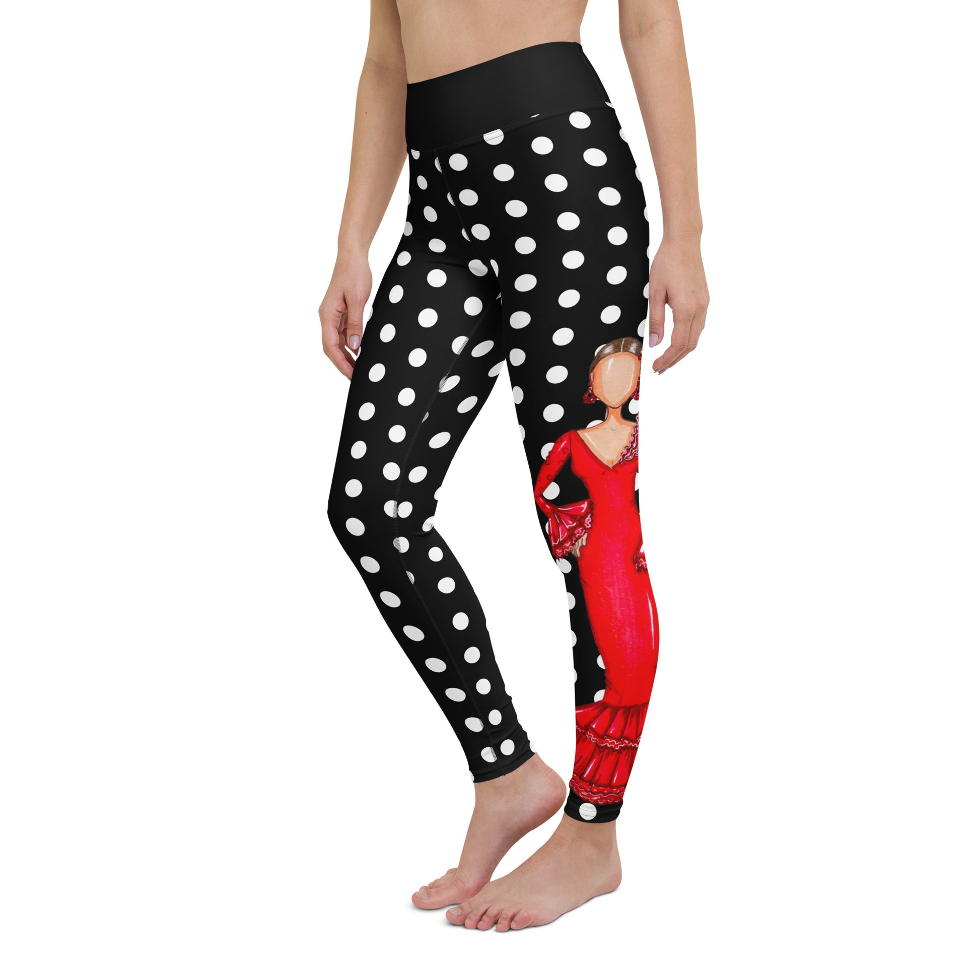 Flamenco Dancer Leggings, black with white polka dots high waisted yoga leggings with a red dress design - IllustrArte