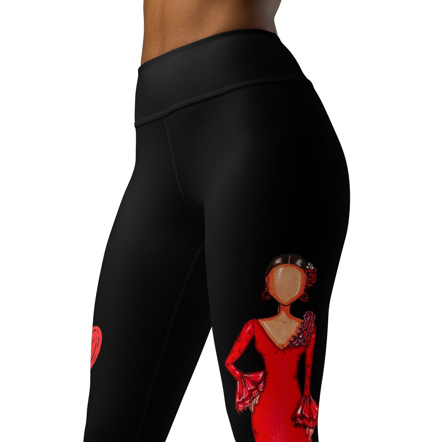 Flamenco Dancer Leggings, black high waisted yoga leggings with a red dress design - IllustrArte