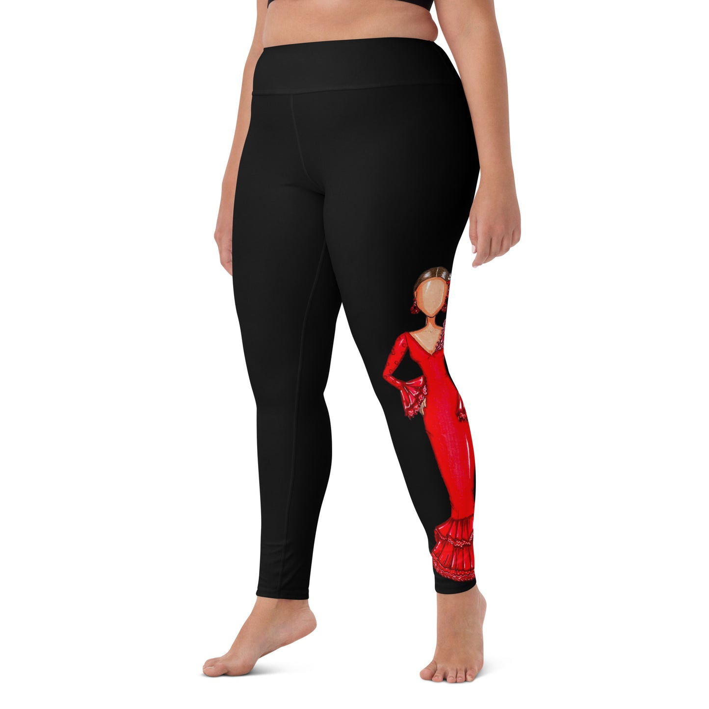 Flamenco Dancer Leggings, black high waisted yoga leggings with a red dress design - IllustrArte