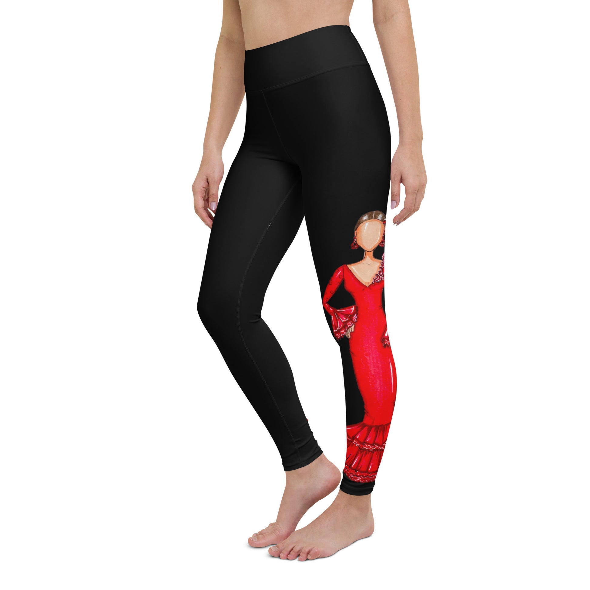 Flamenco Dancer Leggings, black high waisted yoga leggings with a red dress design - IllustrArte