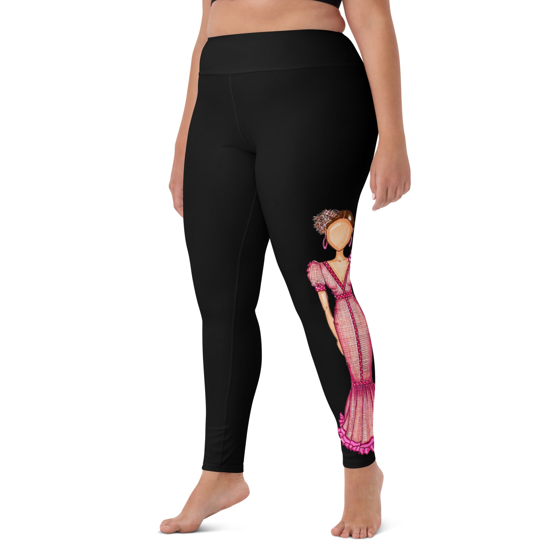 Flamenco Dancer Leggings, black high waisted yoga leggings with a pink dress and pink hearts design - IllustrArte