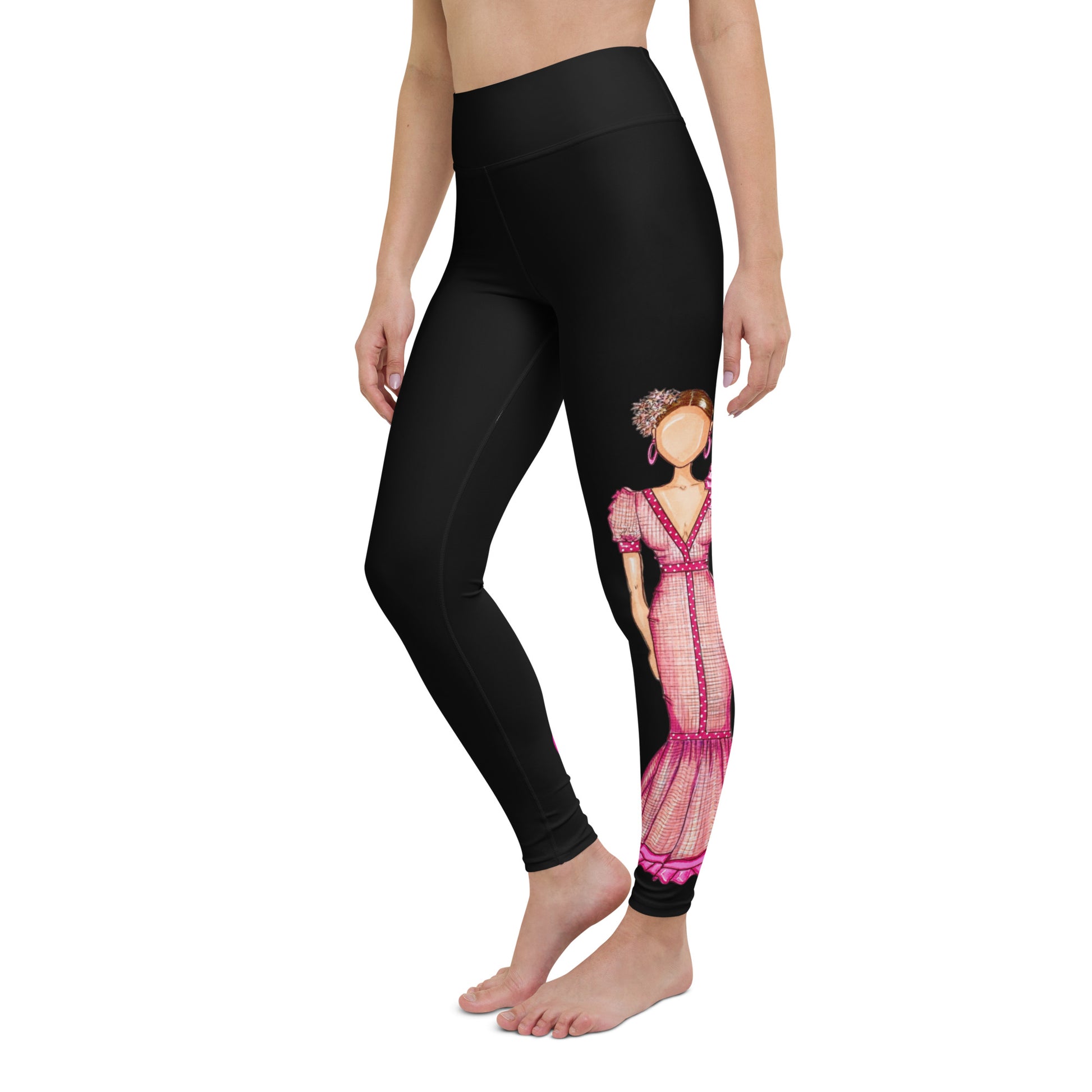 Flamenco Dancer Leggings, black high waisted yoga leggings with a pink dress and pink hearts design - IllustrArte