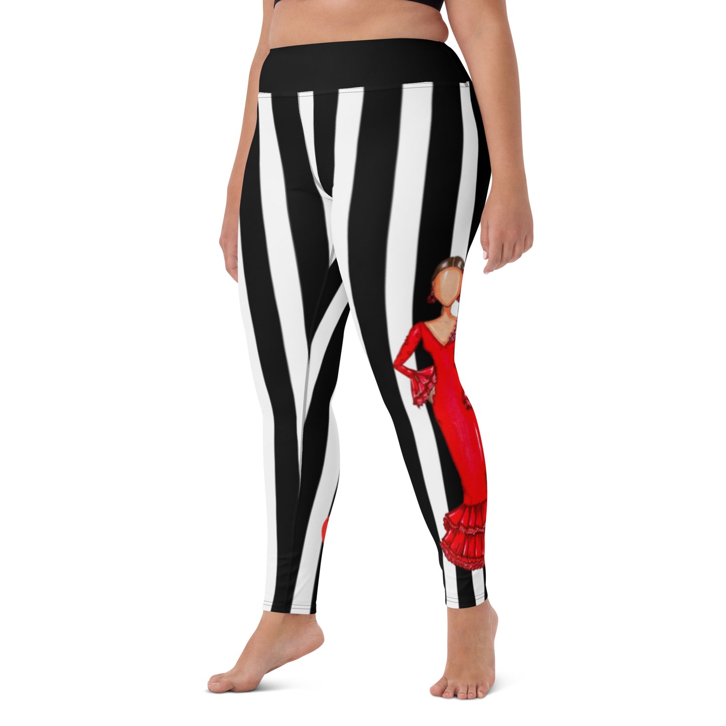 Flamenco Dancer Leggings, black and white striped high waisted yoga leggings with a red dress design - IllustrArte