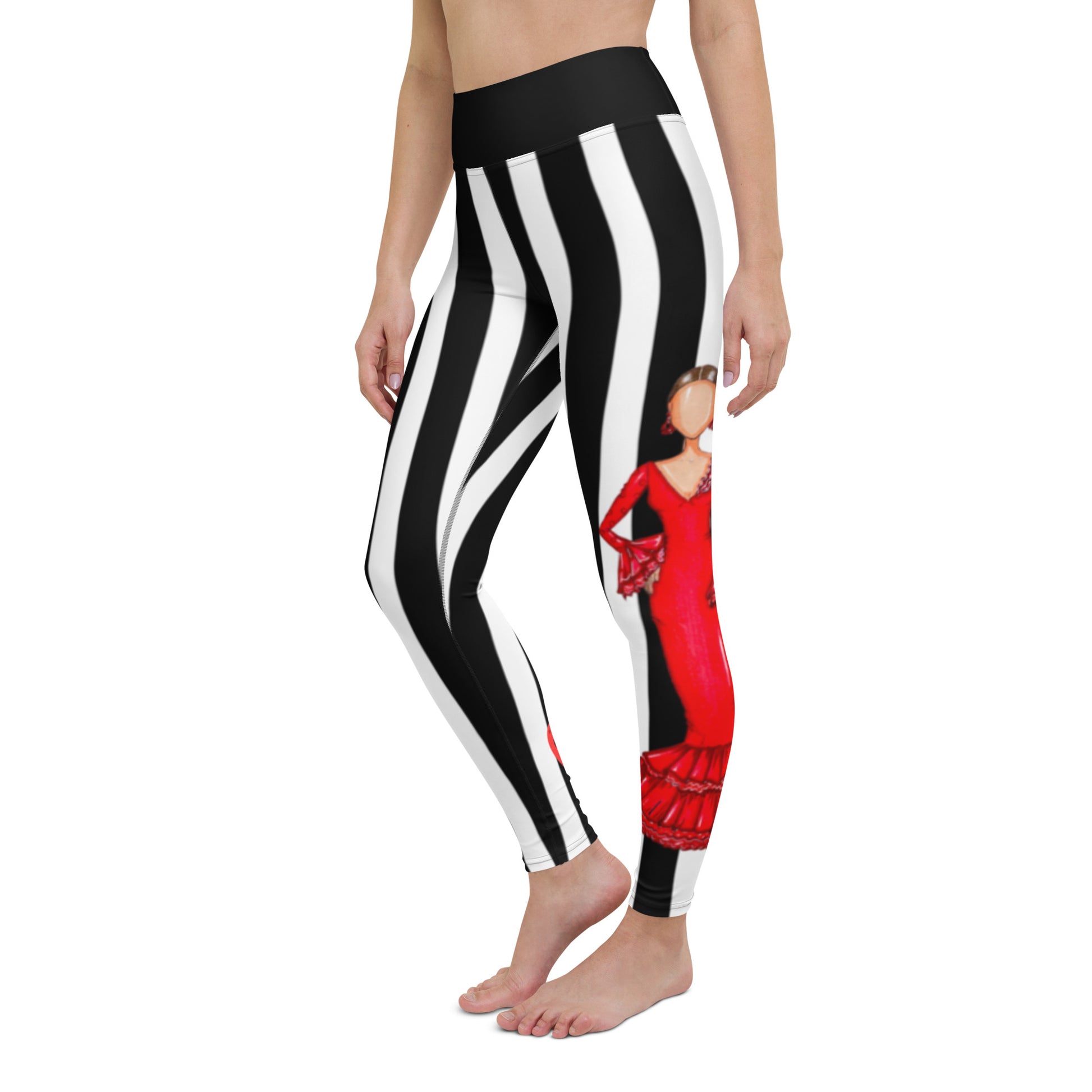 Flamenco Dancer Leggings, black and white striped high waisted yoga leggings with a red dress design - IllustrArte