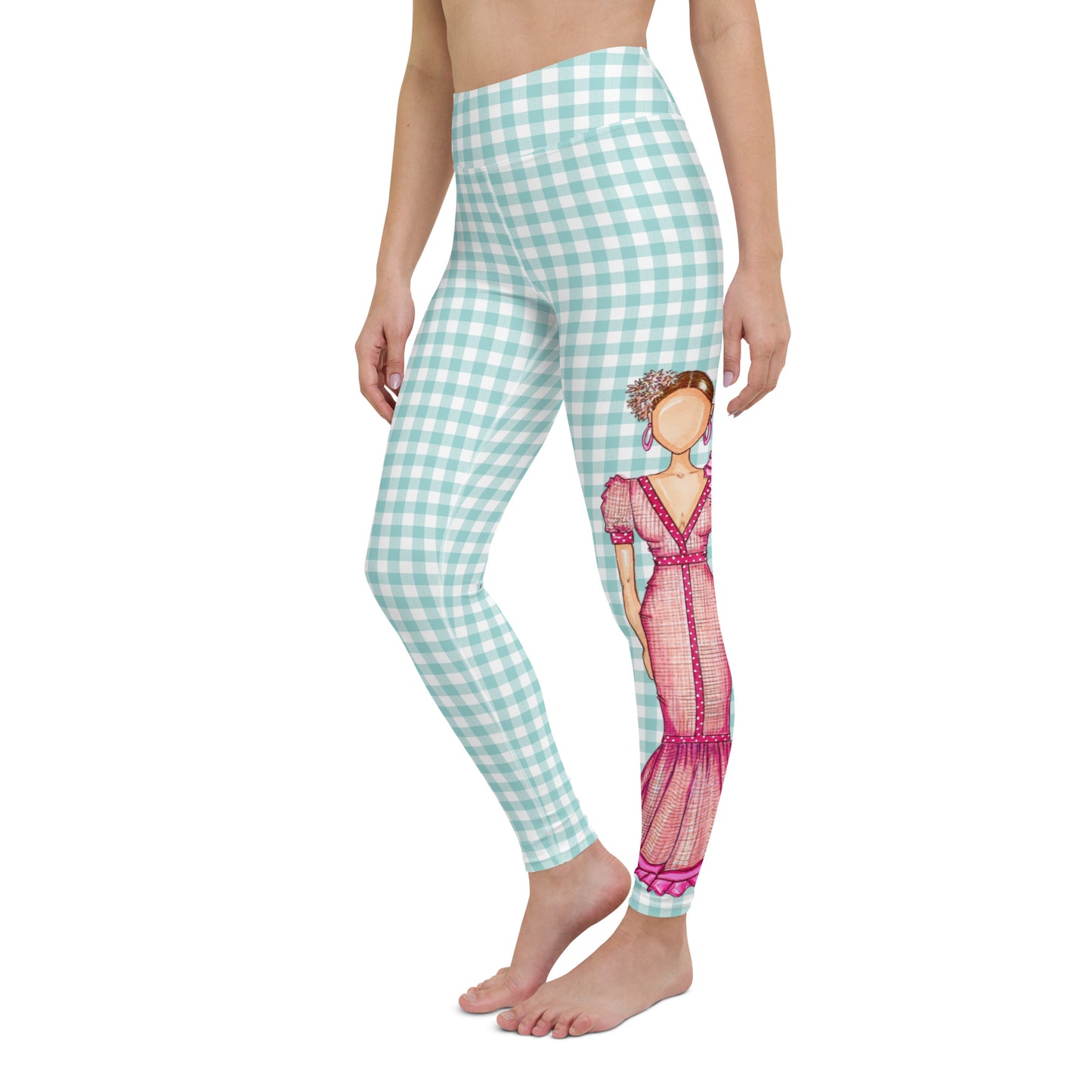 Flamenco Dancer Leggings, green gingham check high waisted yoga leggings with a pink dress design - IllustrArte