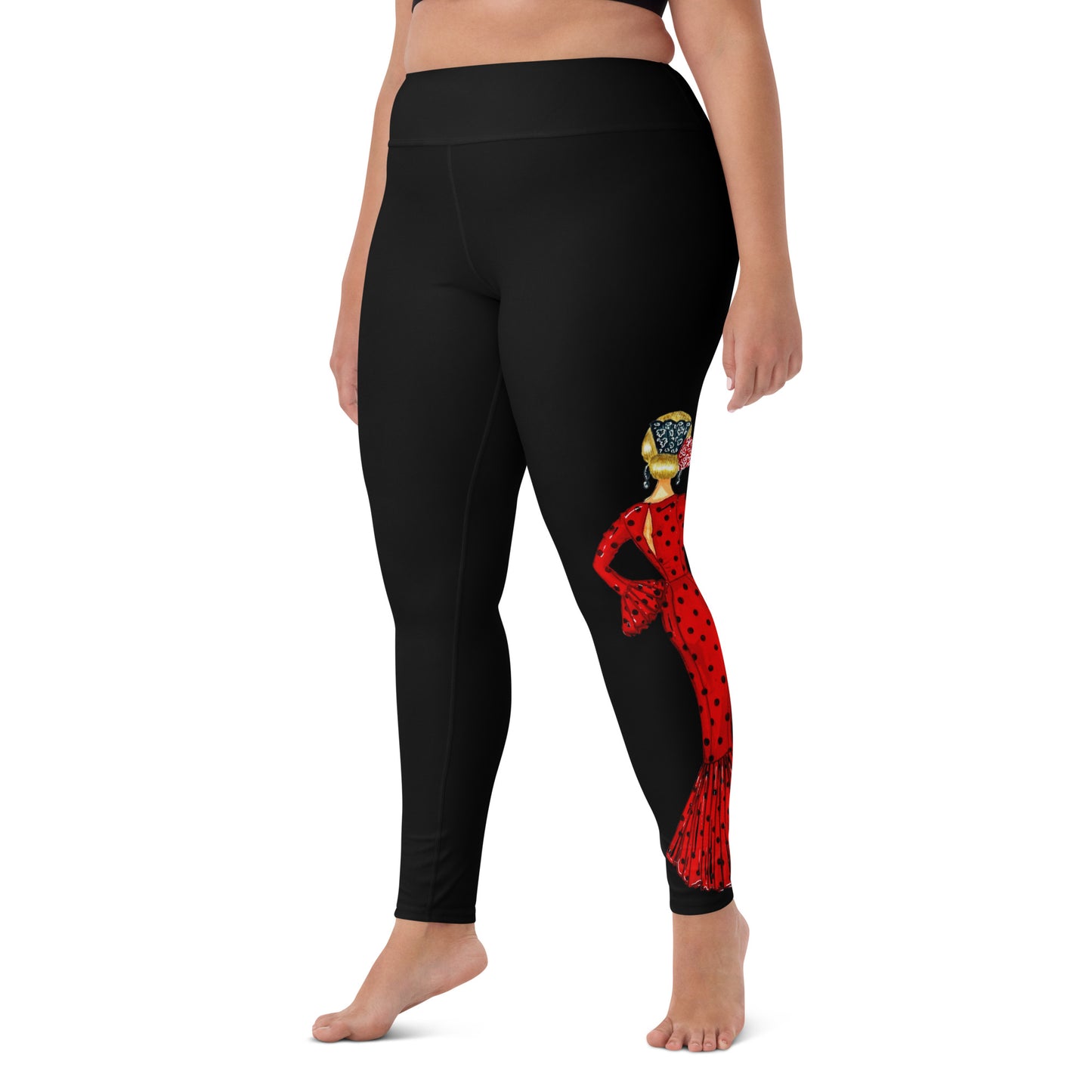 Flamenco Dancer Leggings, black high waisted yoga leggings with a red dress and red heart design - IllustrArte