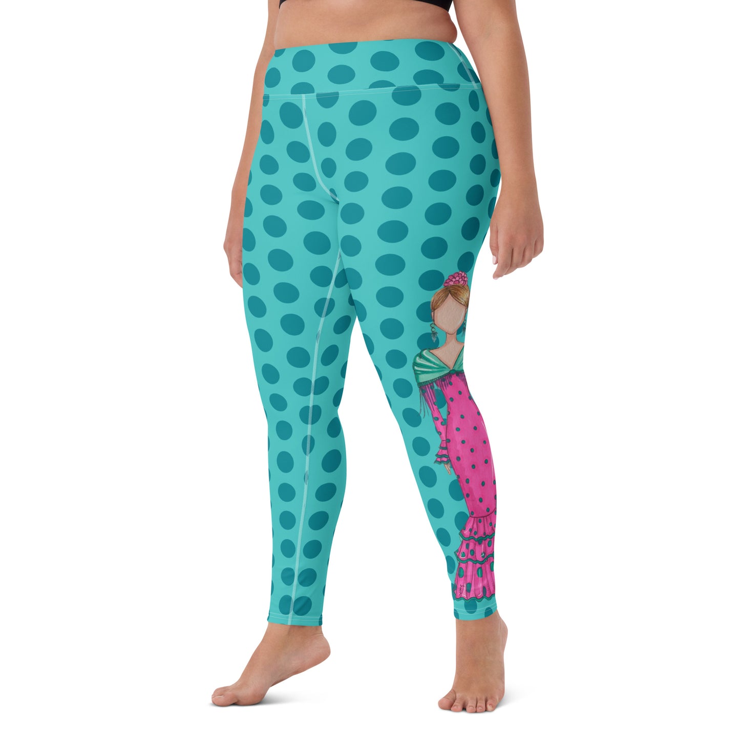 Flamenco Dancer Leggings, turquoise with green polka dots high waisted yoga leggings with a pink dress and green shawl - IllustrArte