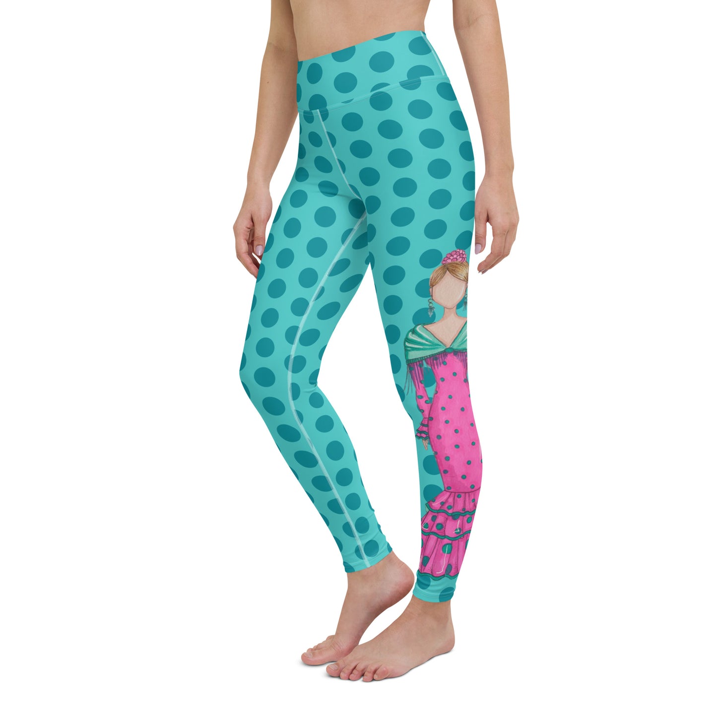 Flamenco Dancer Leggings, turquoise with green polka dots high waisted yoga leggings with a pink dress and green shawl - IllustrArte