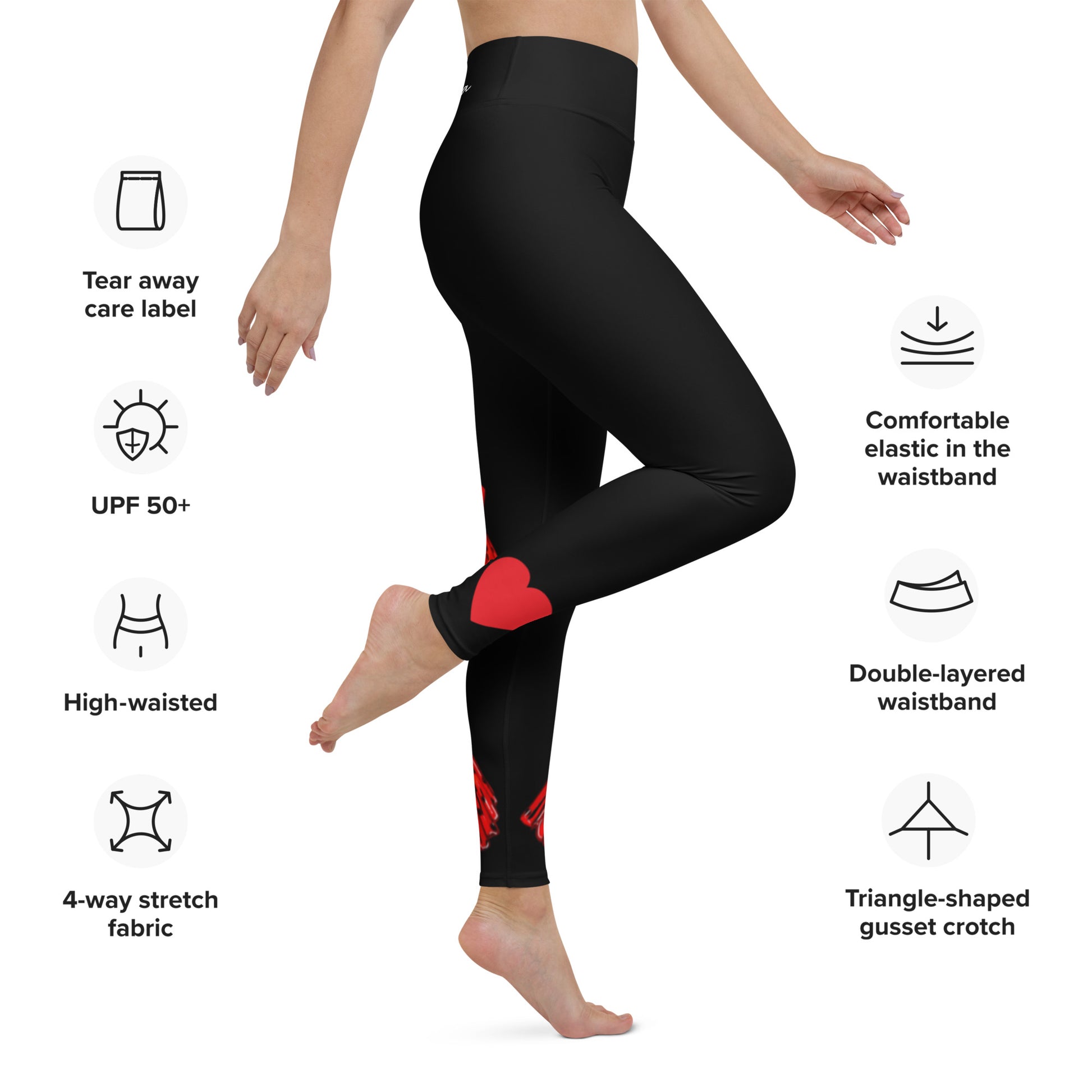 Flamenco Dancer Leggings, black high waisted yoga leggings with brunette dancer in a red dress and red heart design - IllustrArte