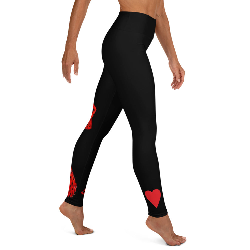 Flamenco Dancer Leggings, black high waisted yoga leggings with brunette dancer in a red dress and red heart design - IllustrArte