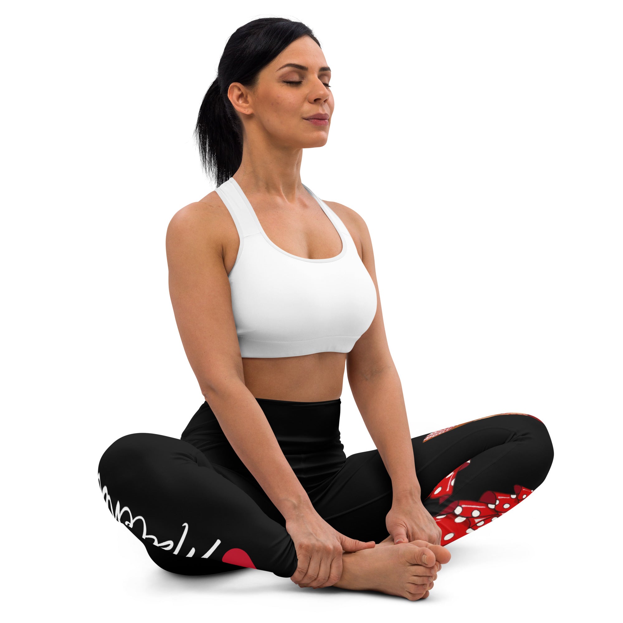 Flamenco Dancer Leggings, black high waisted yoga leggings with a red dress and a hand fan design - IllustrArte