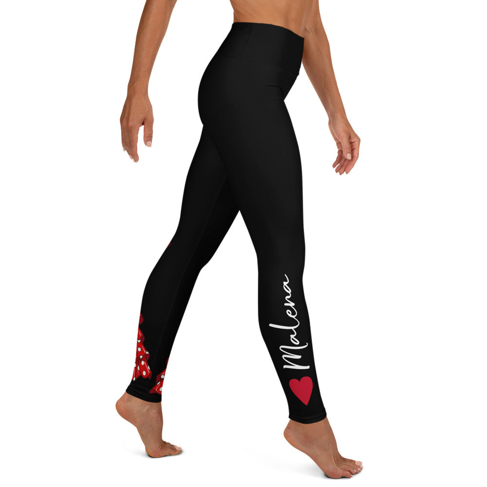 Flamenco Dancer Leggings, black high waisted yoga leggings with a red dress and a hand fan design - IllustrArte