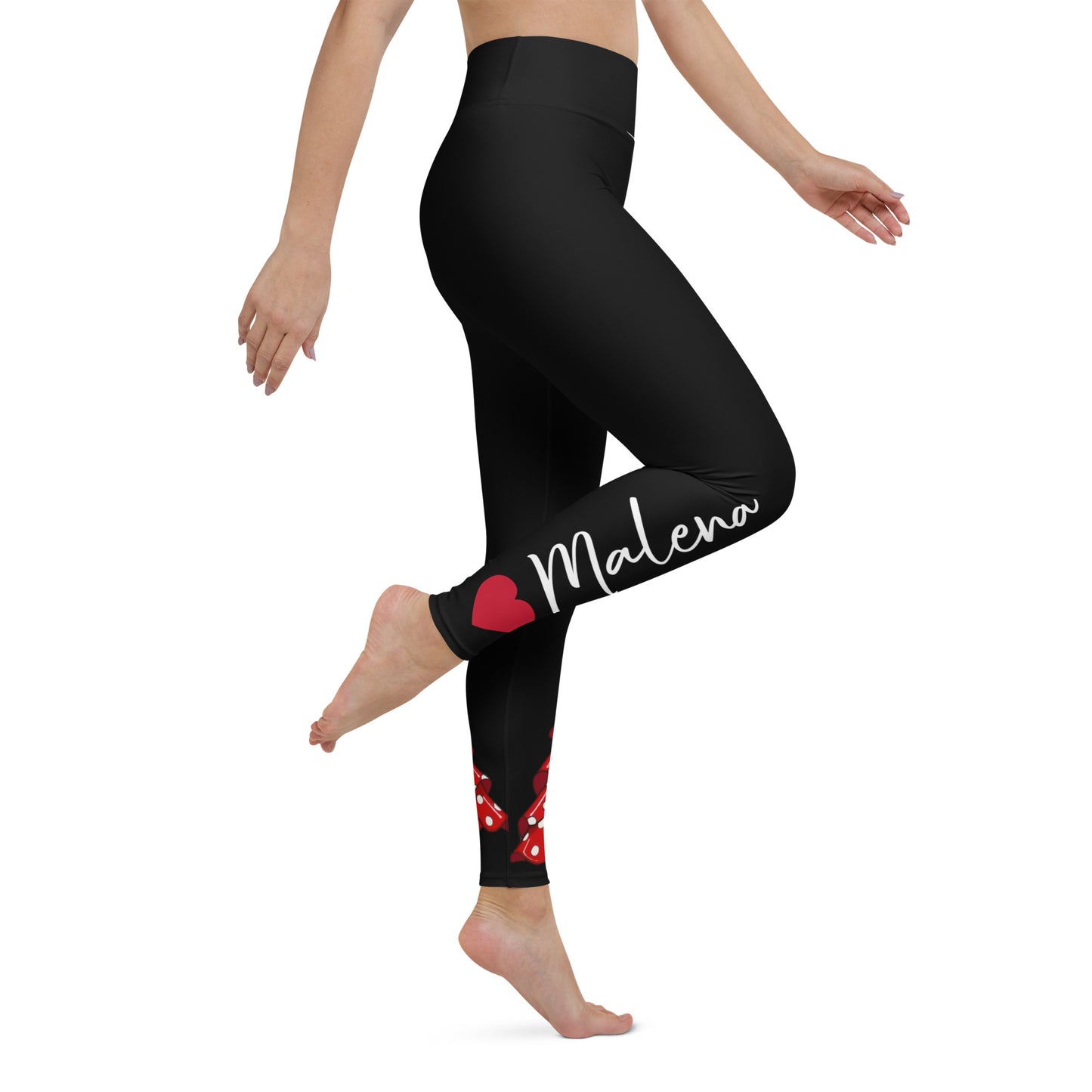 Flamenco Dancer Leggings, black high waisted yoga leggings with a red dress and a hand fan design - IllustrArte