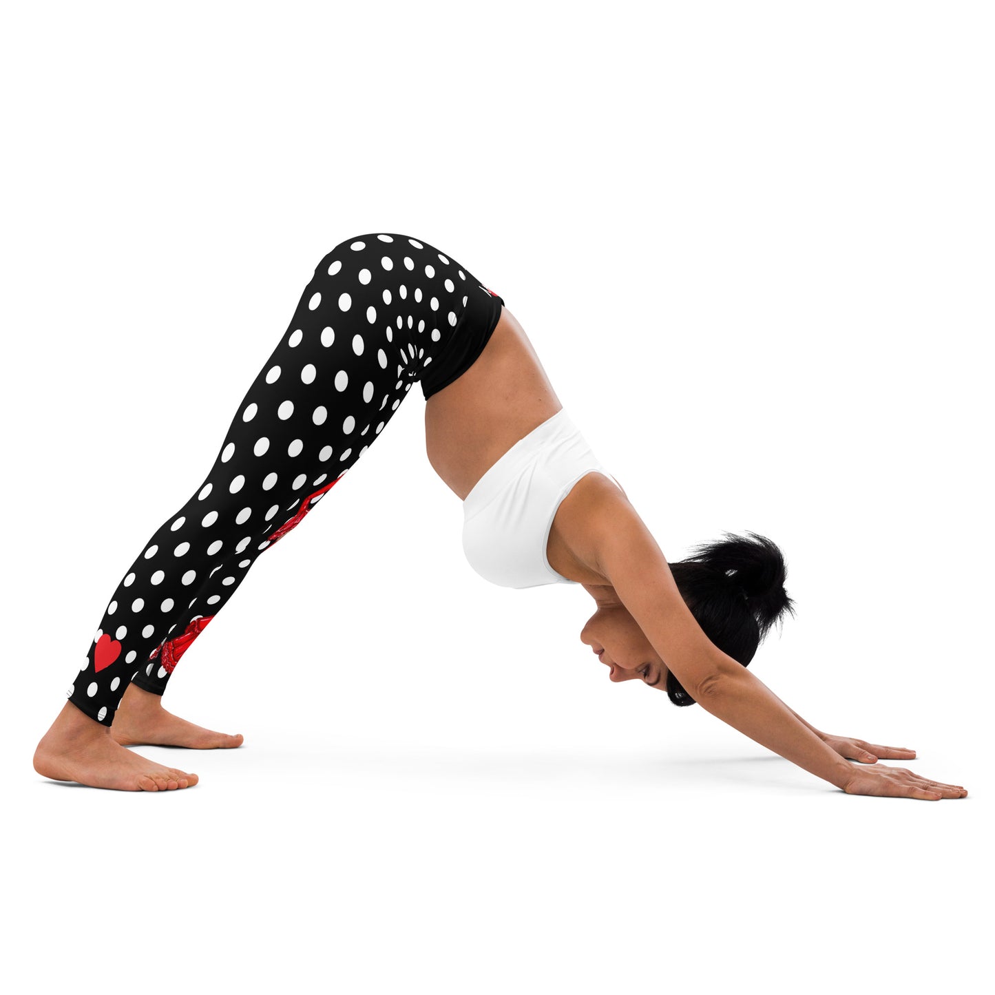 Flamenco Dancer Leggings, black with white polka dots high waisted yoga leggings with a red dress design - IllustrArte