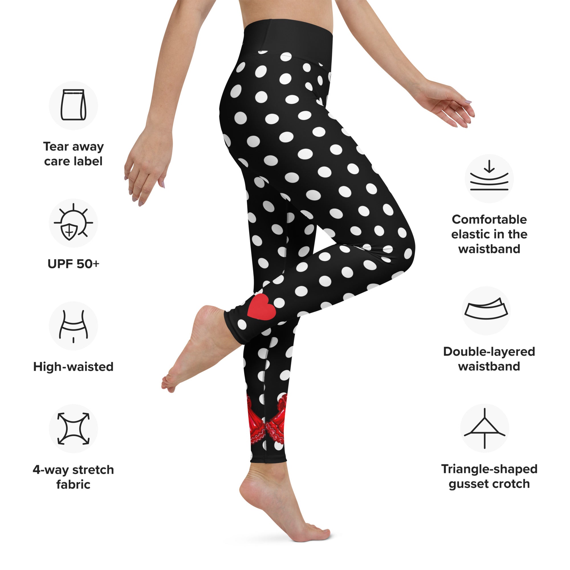 Flamenco Dancer Leggings, black with white polka dots high waisted yoga leggings with a red dress design - IllustrArte