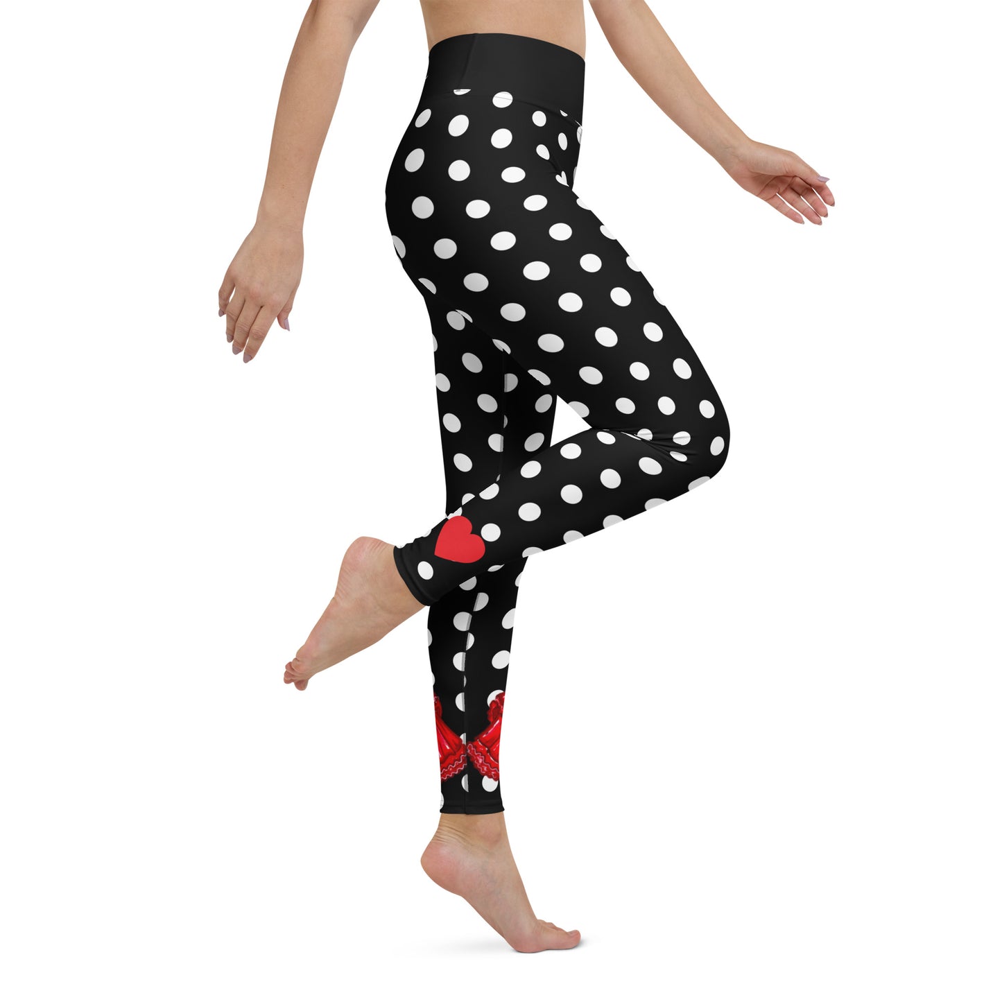 Flamenco Dancer Leggings, black with white polka dots high waisted yoga leggings with a red dress design - IllustrArte