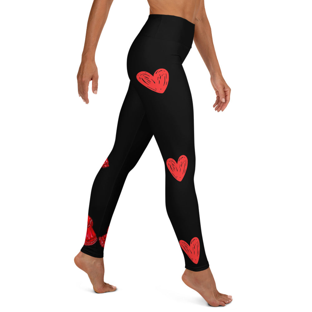 Flamenco Dancer Leggings, black high waisted yoga leggings with a red dress design - IllustrArte