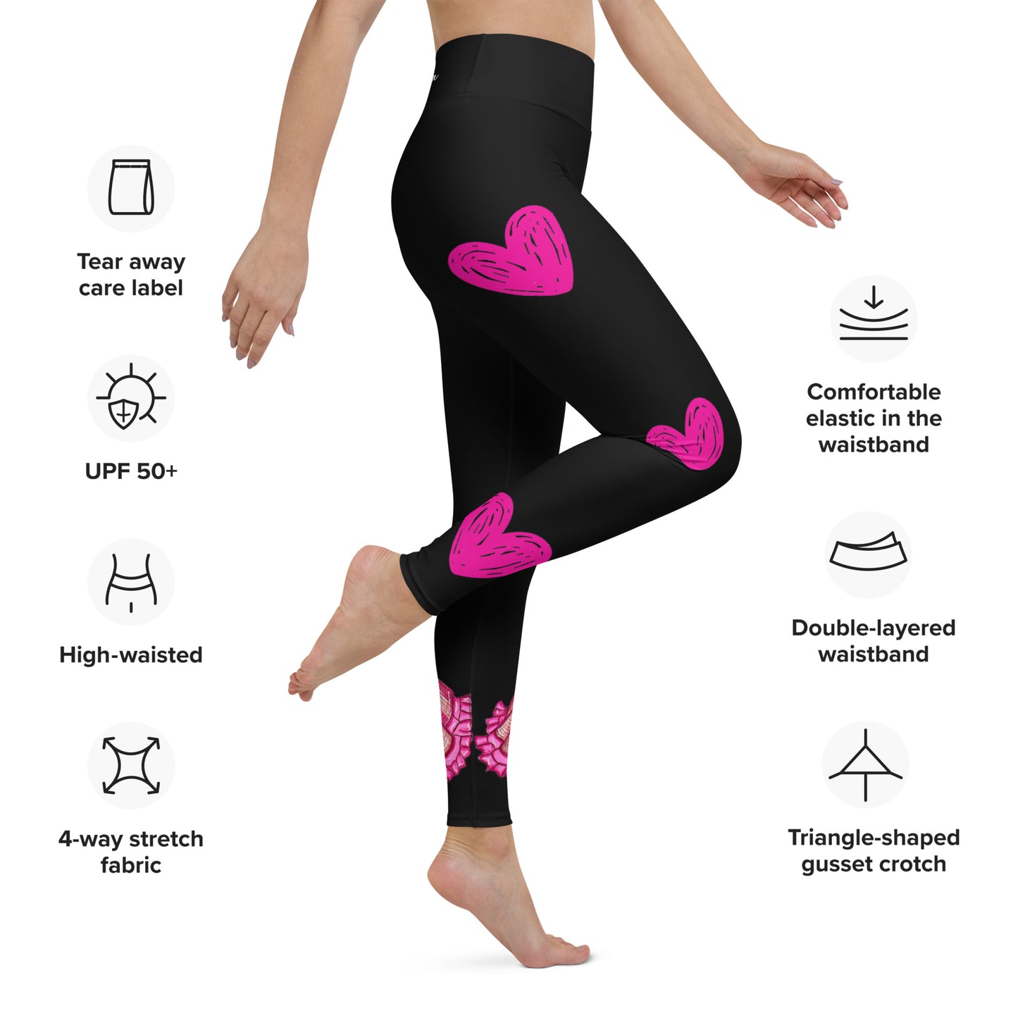 Flamenco Dancer Leggings, black high waisted yoga leggings with a pink dress and pink hearts design - IllustrArte