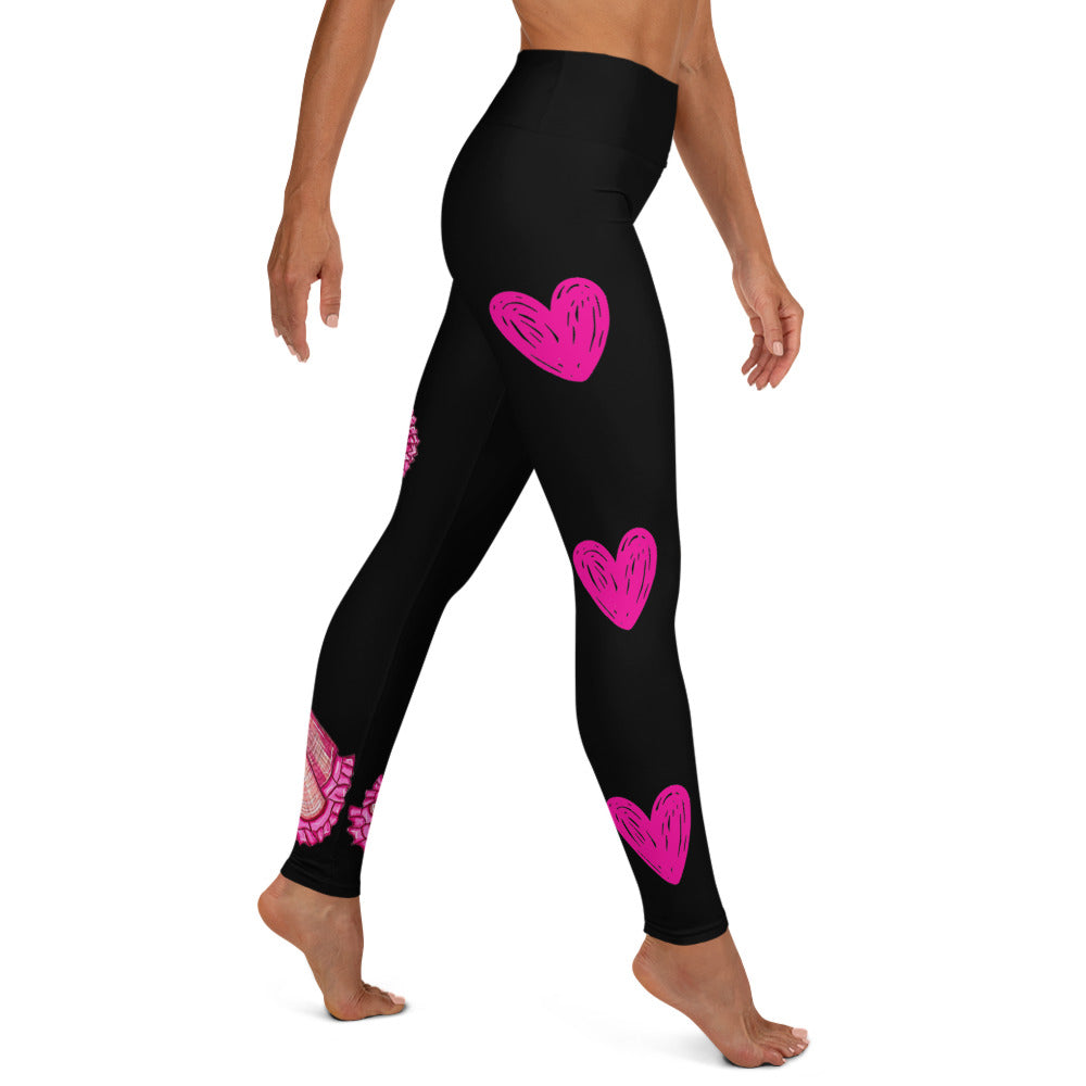 Flamenco Dancer Leggings, black high waisted yoga leggings with a pink dress and pink hearts design - IllustrArte