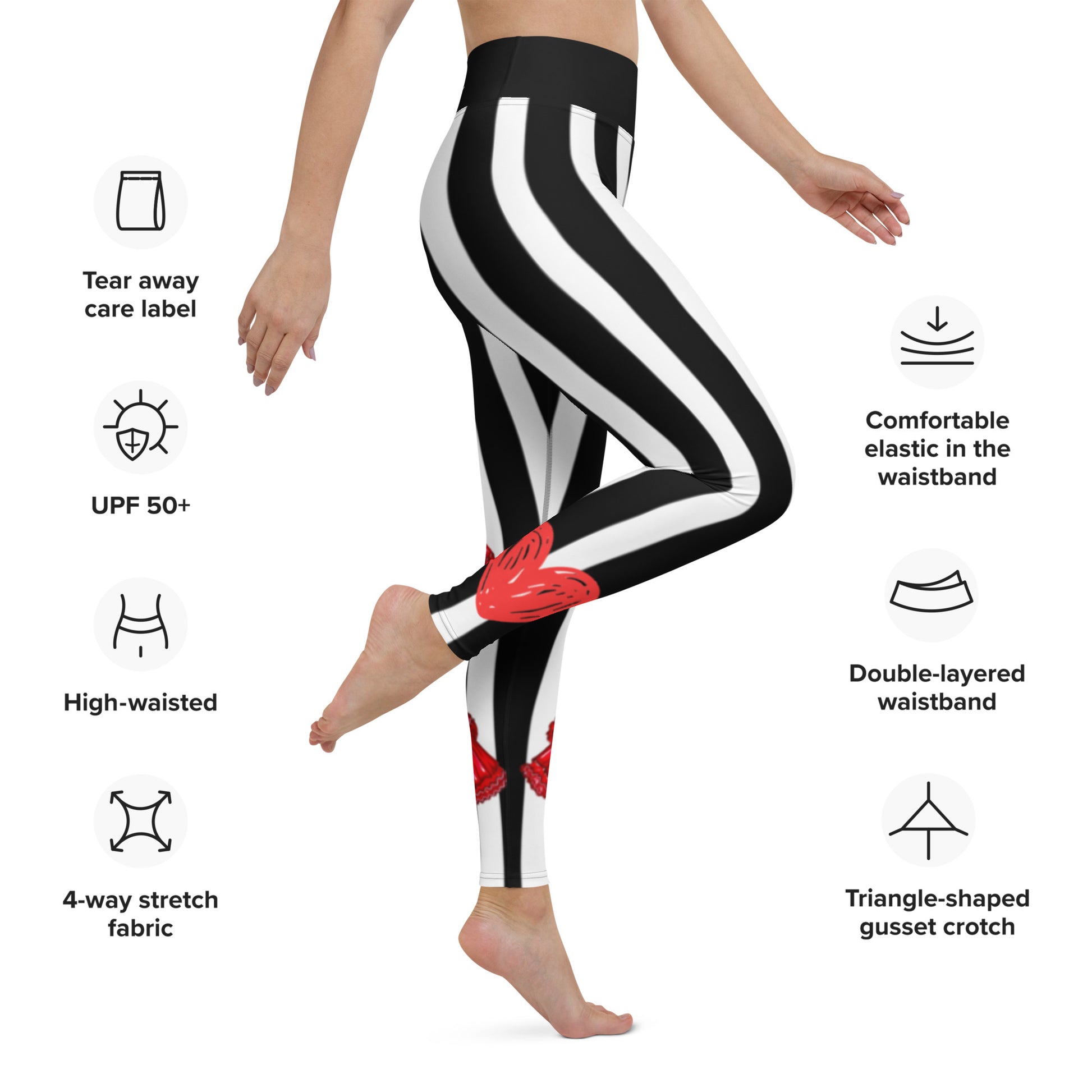 Flamenco Dancer Leggings, black and white striped high waisted yoga leggings with a red dress design - IllustrArte