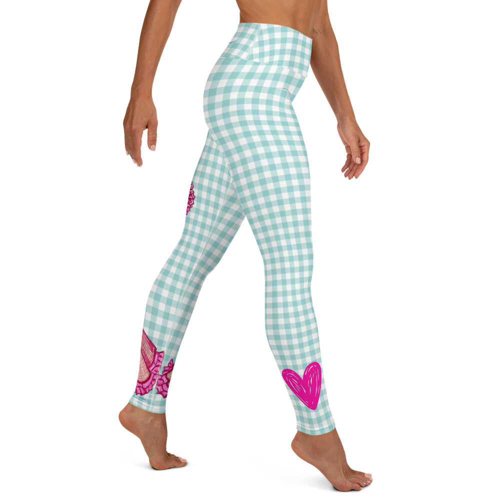 Flamenco Dancer Leggings, green gingham check high waisted yoga leggings with a pink dress design - IllustrArte