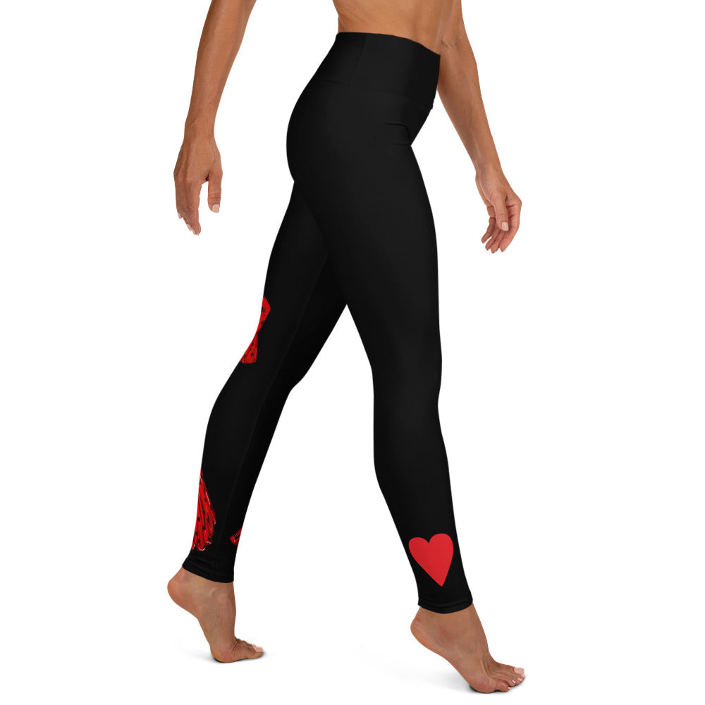 Flamenco Dancer Leggings, black high waisted yoga leggings with a red dress and red heart design - IllustrArte