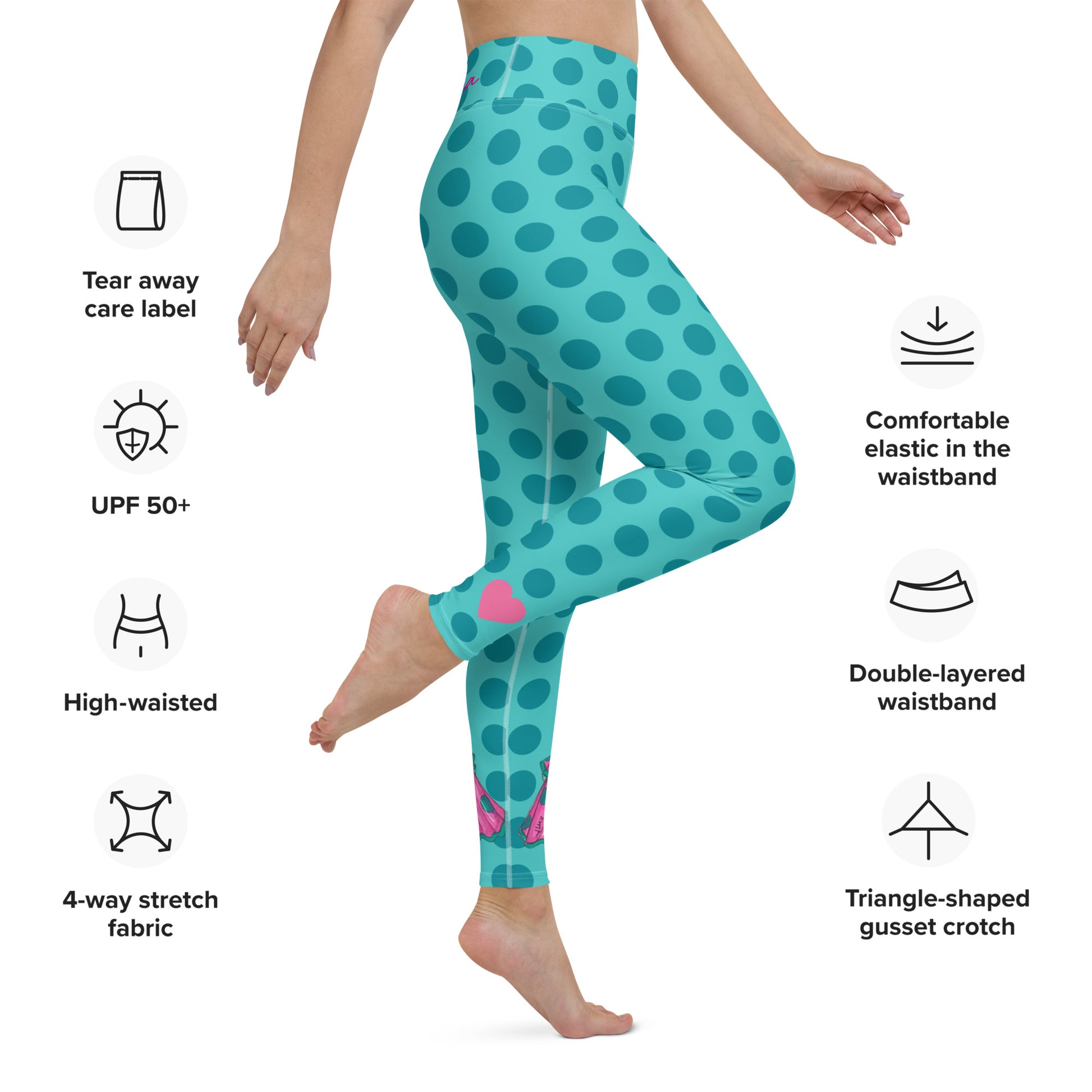 Flamenco Dancer Leggings, turquoise with green polka dots high waisted yoga leggings with a pink dress and green shawl - IllustrArte