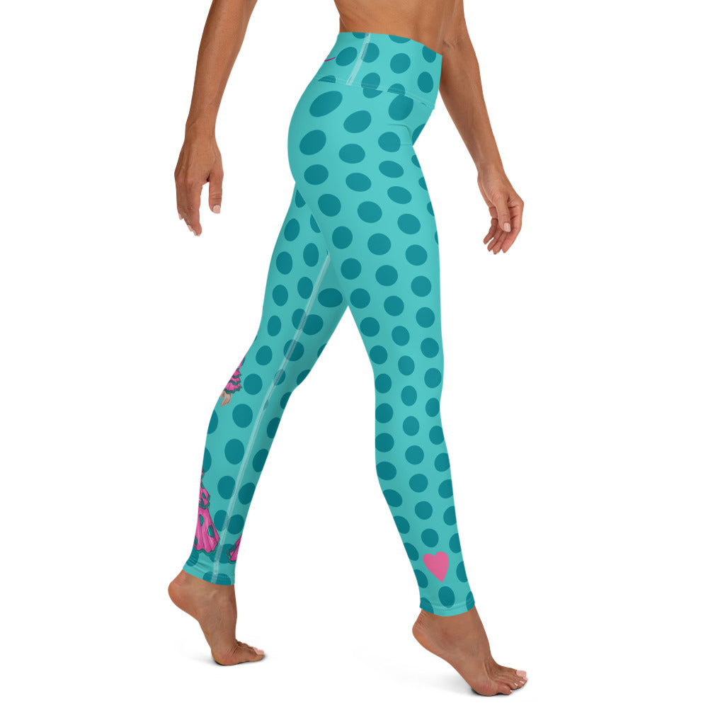 Flamenco Dancer Leggings, turquoise with green polka dots high waisted yoga leggings with a pink dress and green shawl - IllustrArte