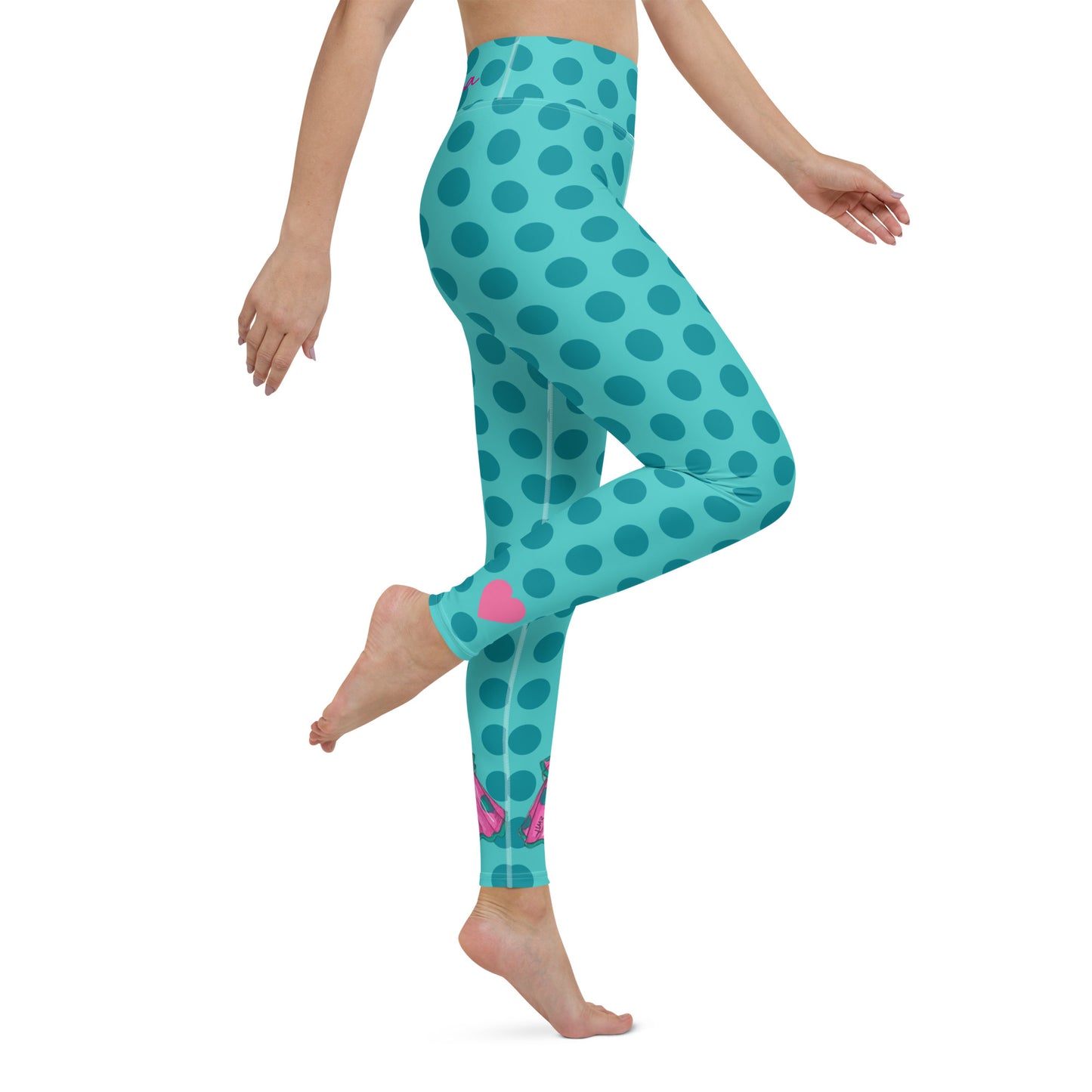 Flamenco Dancer Leggings, turquoise with green polka dots high waisted yoga leggings with a pink dress and green shawl - IllustrArte