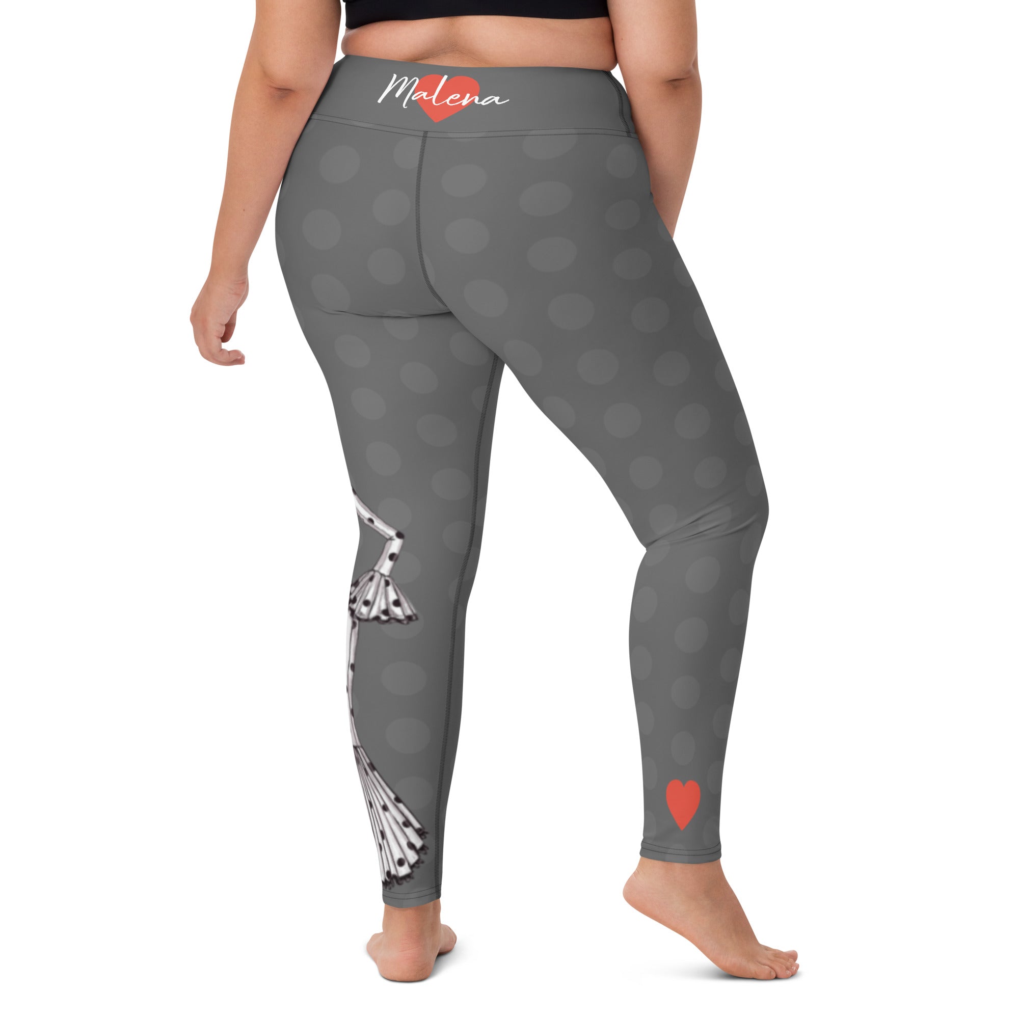 Flamenco Dancer Leggings, gray high waisted yoga leggings with a white dress and black polka dots design. - IllustrArte
