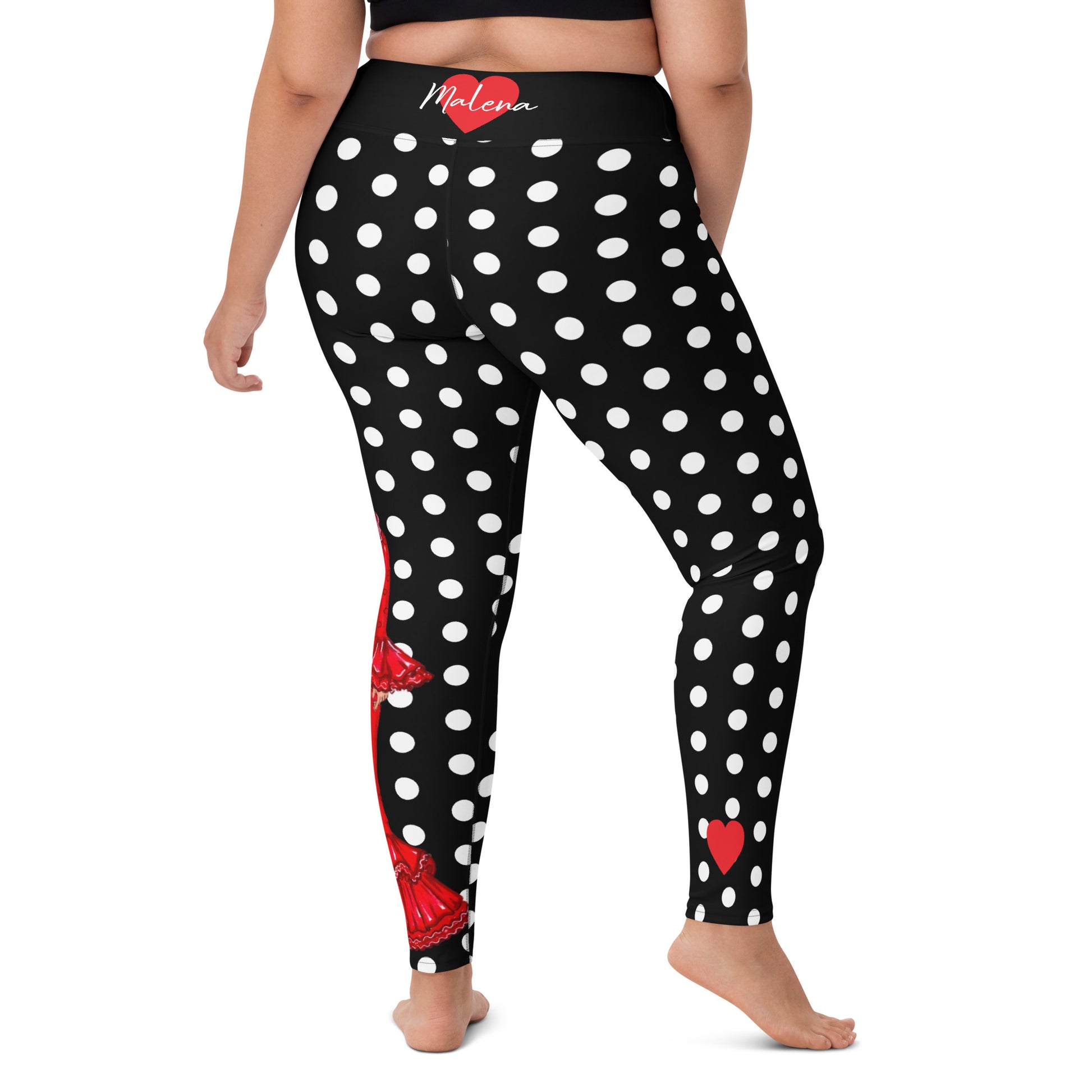 Flamenco Dancer Leggings, black with white polka dots high waisted yoga leggings with a red dress design - IllustrArte